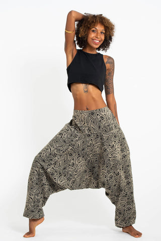 Unisex Hill Tribe Paisley Print Harem Pants in Black