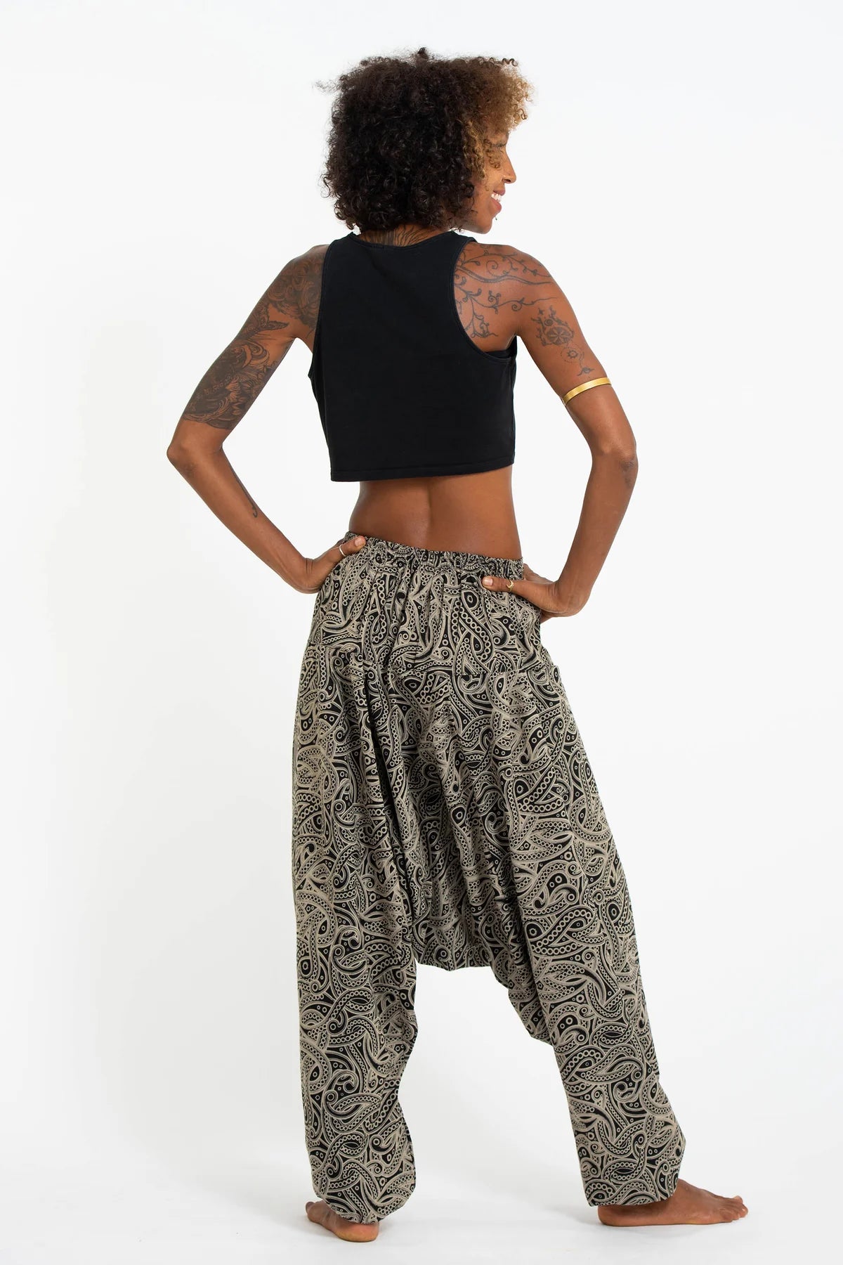 Unisex Hill Tribe Paisley Print Harem Pants in Black
