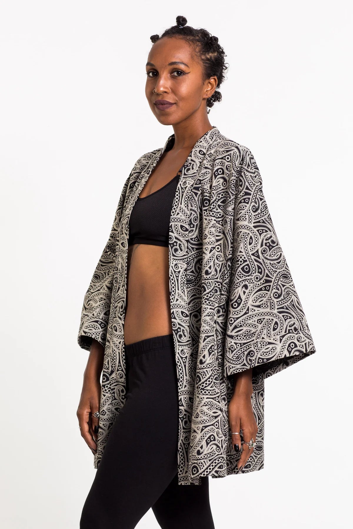 Unisex Paisley Print Cotton Kimono Cardigan in Black