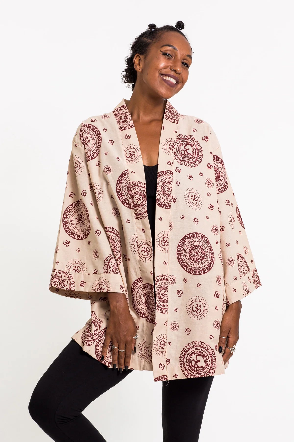 Unisex Ohm Print Cotton Kimono Cardigan in Cream