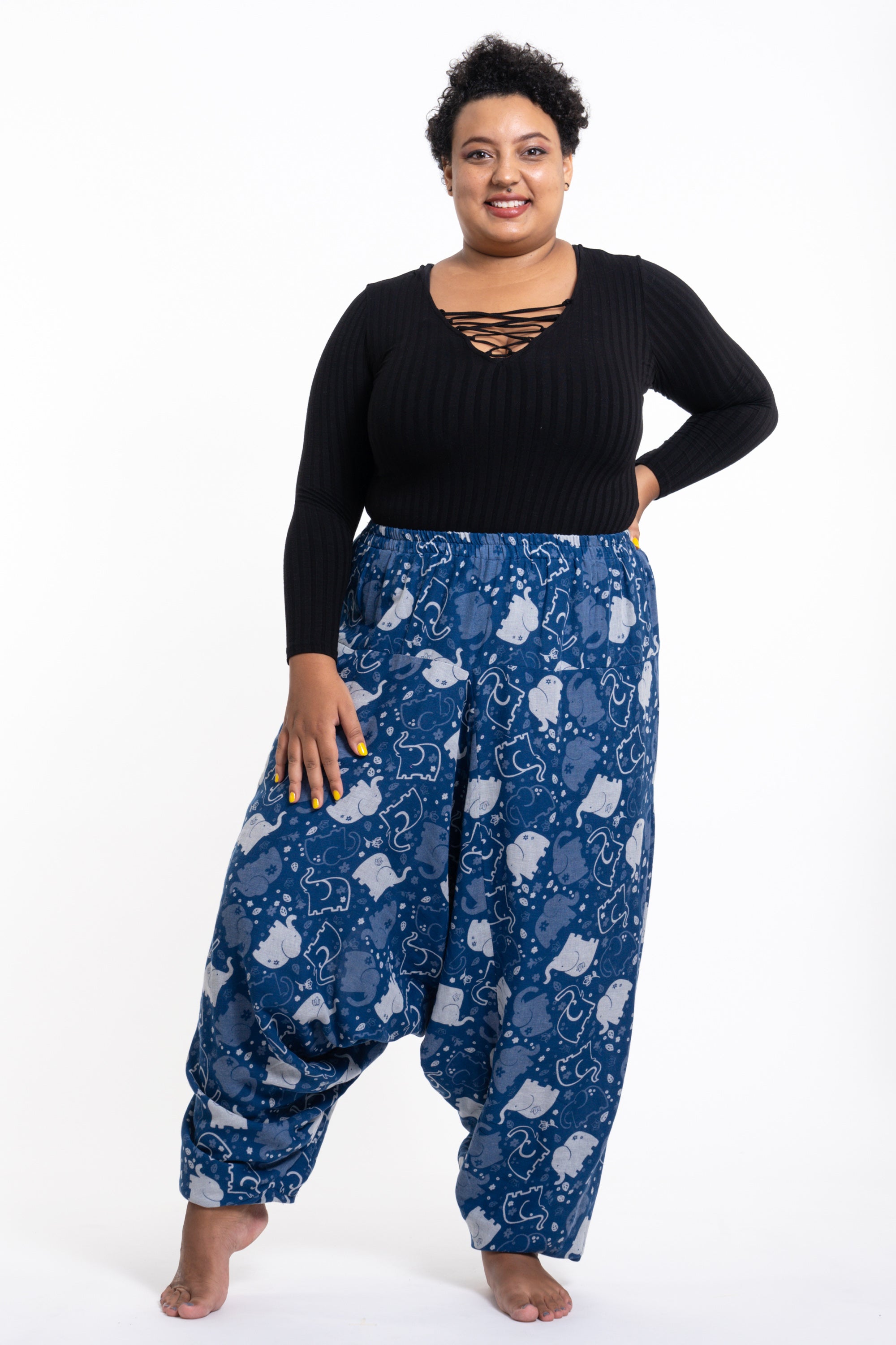 Plus Size Elephant Prints Unisex Low Cut Cotton Harem Pants in Indigo