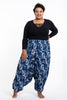 Plus Size Fan Prints Women's Low Cut Cotton Harem Pants in Indigo