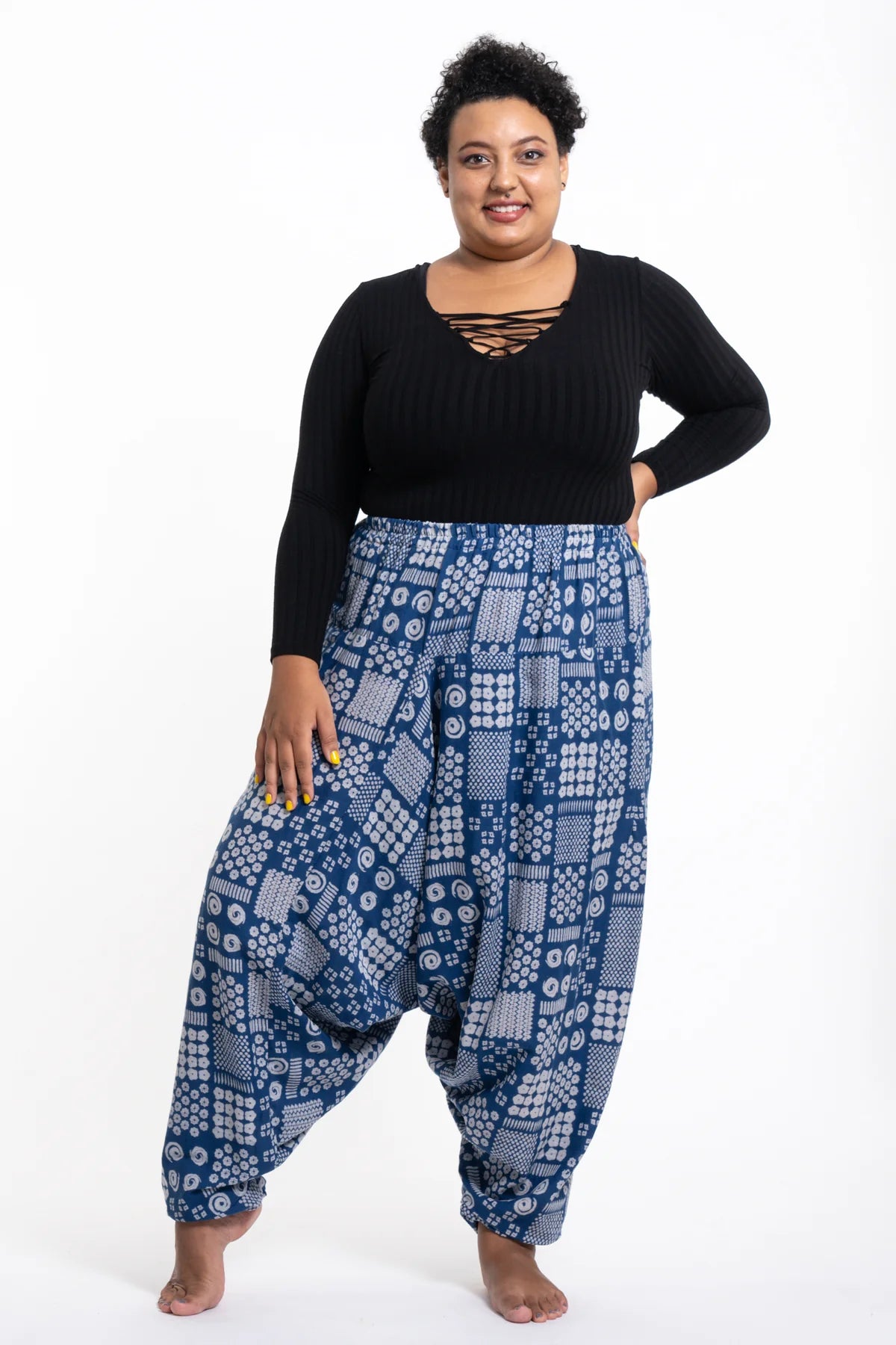 Plus Size Patchwork Prints Unisex Low Cut Cotton Harem Pants in Indigo