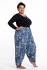 Plus Size Patchwork Prints Unisex Low Cut Cotton Harem Pants in Indigo
