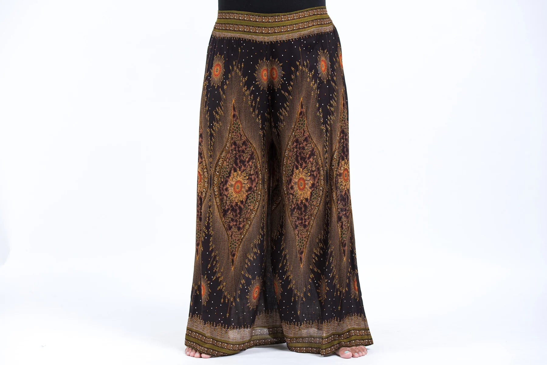 Plus Size Peacock Eyes Palazzo Style Harem Pants in Brown Gold