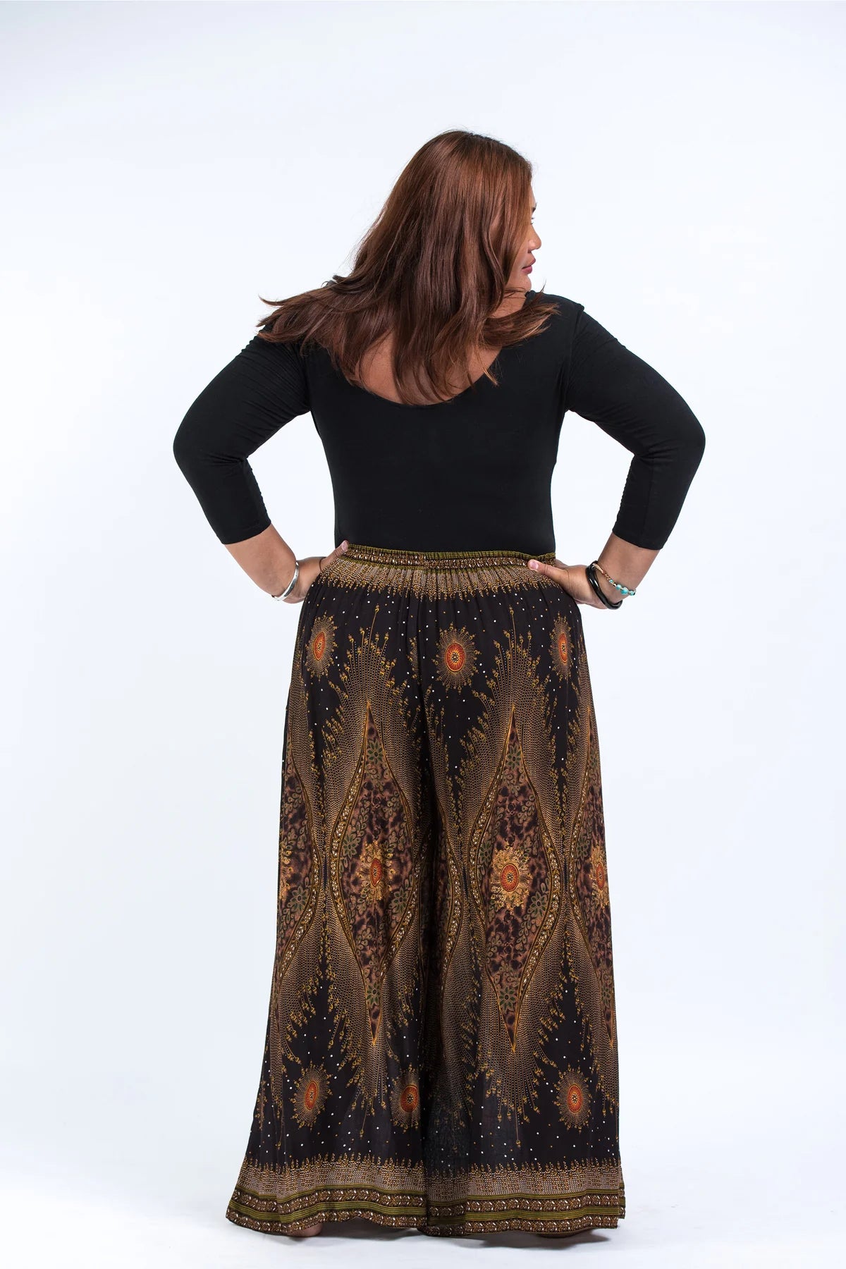 Plus Size Peacock Eyes Palazzo Style Harem Pants in Brown Gold