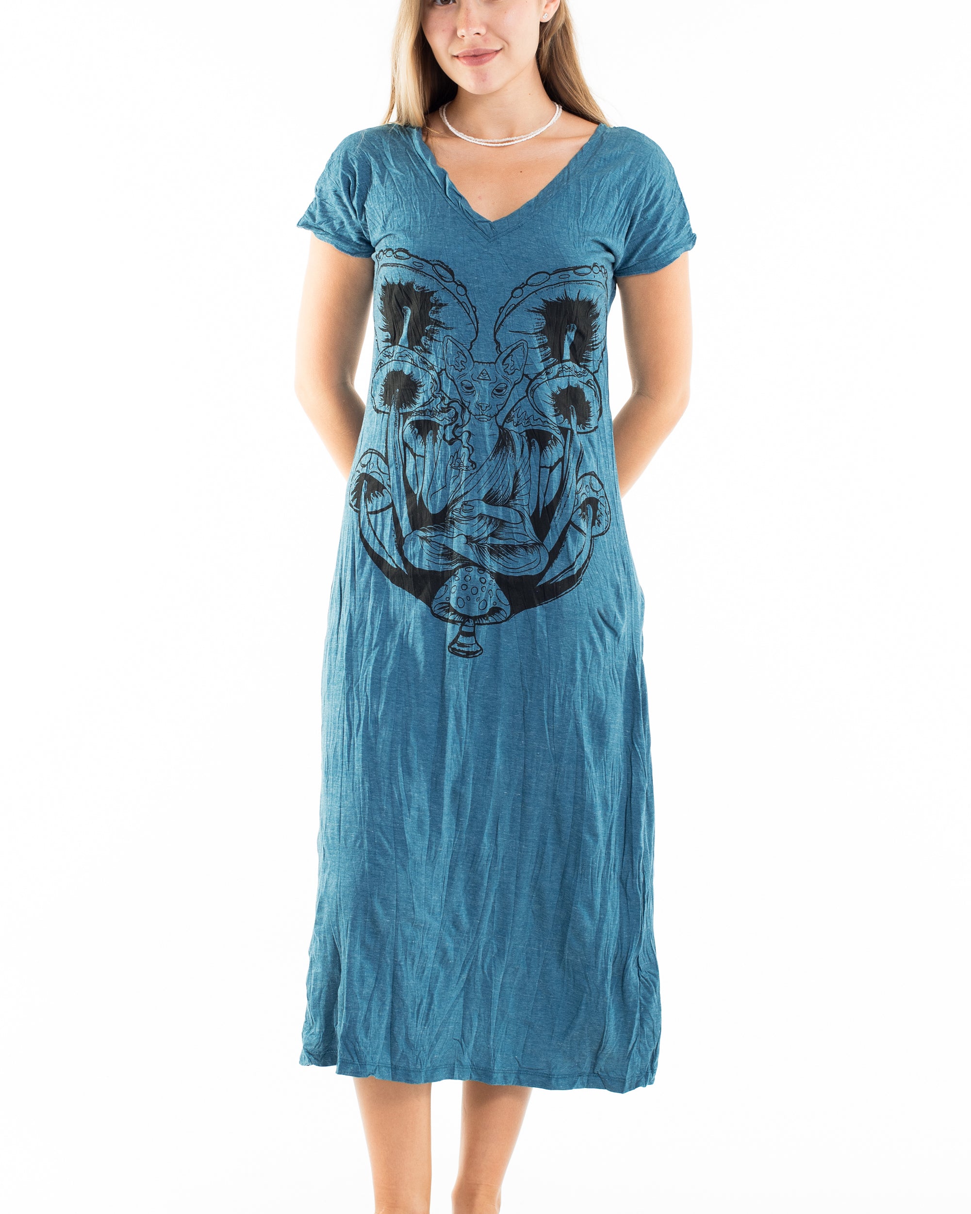 Sure Design Womens Spirit Shroom Cat V Neck Tee Dress Denim Blue