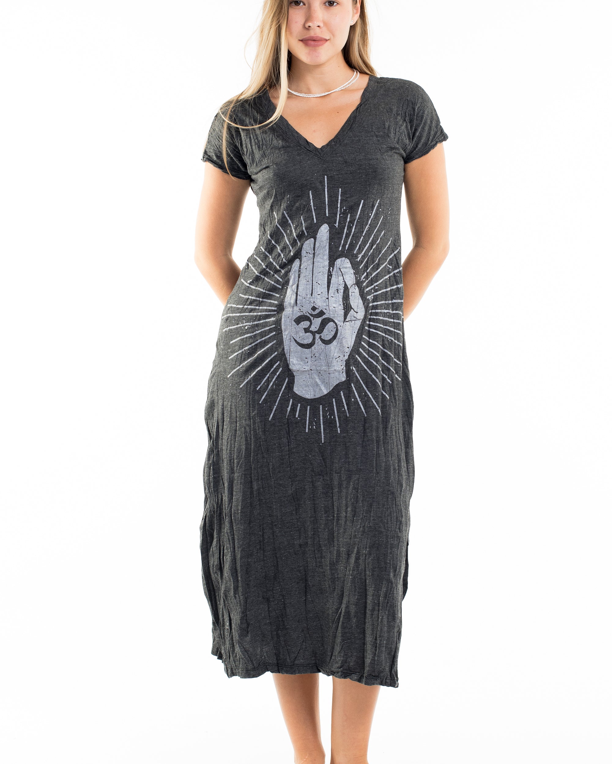 Sure Design Womens Hand of Om V Neck Tee Dress Silver on Black