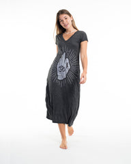 Sure Design Womens Hand of Om V Neck Tee Dress Silver on Black