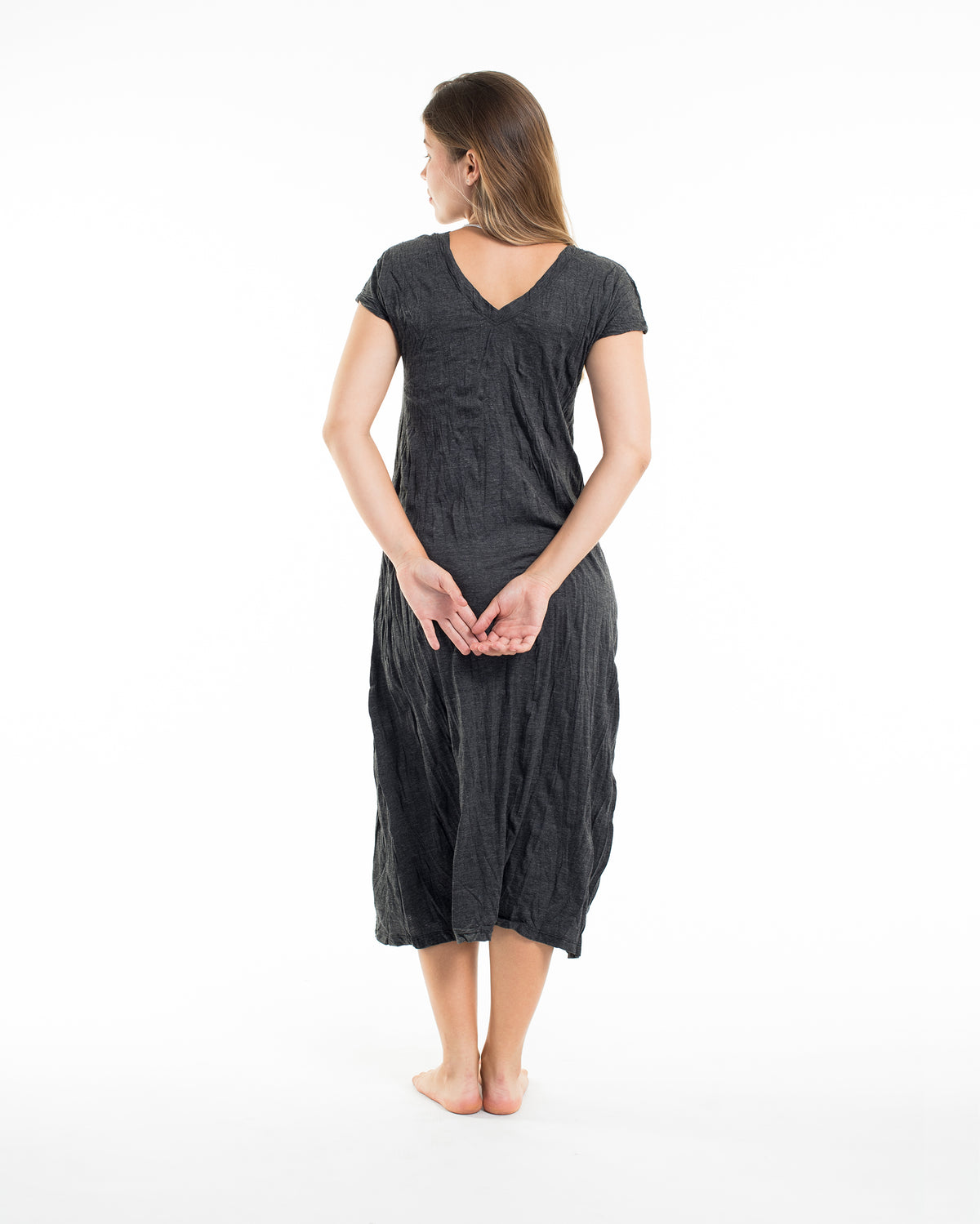 Sure Design Womens Hand of Om V Neck Tee Dress Silver on Black