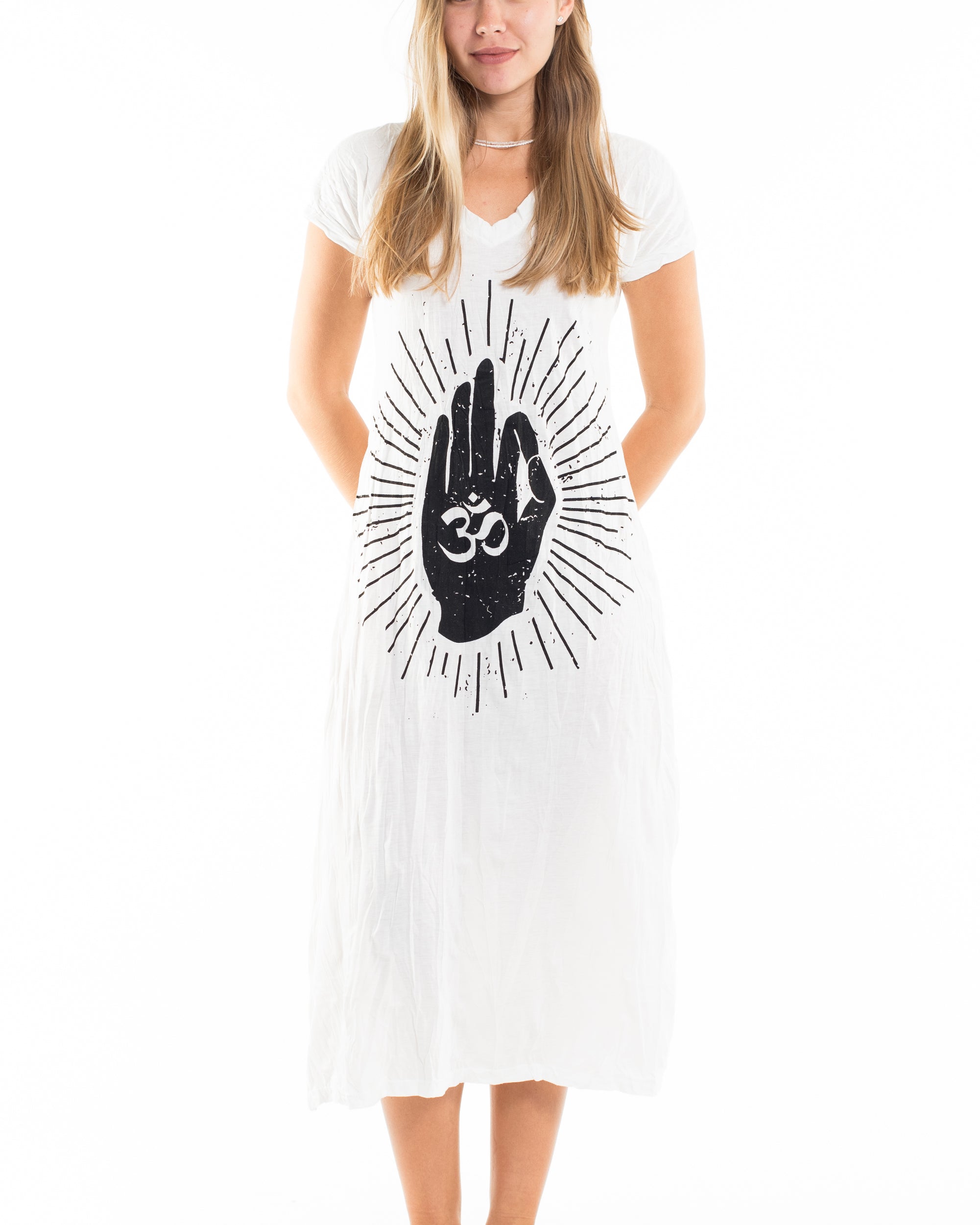 Sure Design Womens Hand of Om V Neck Tee Dress White