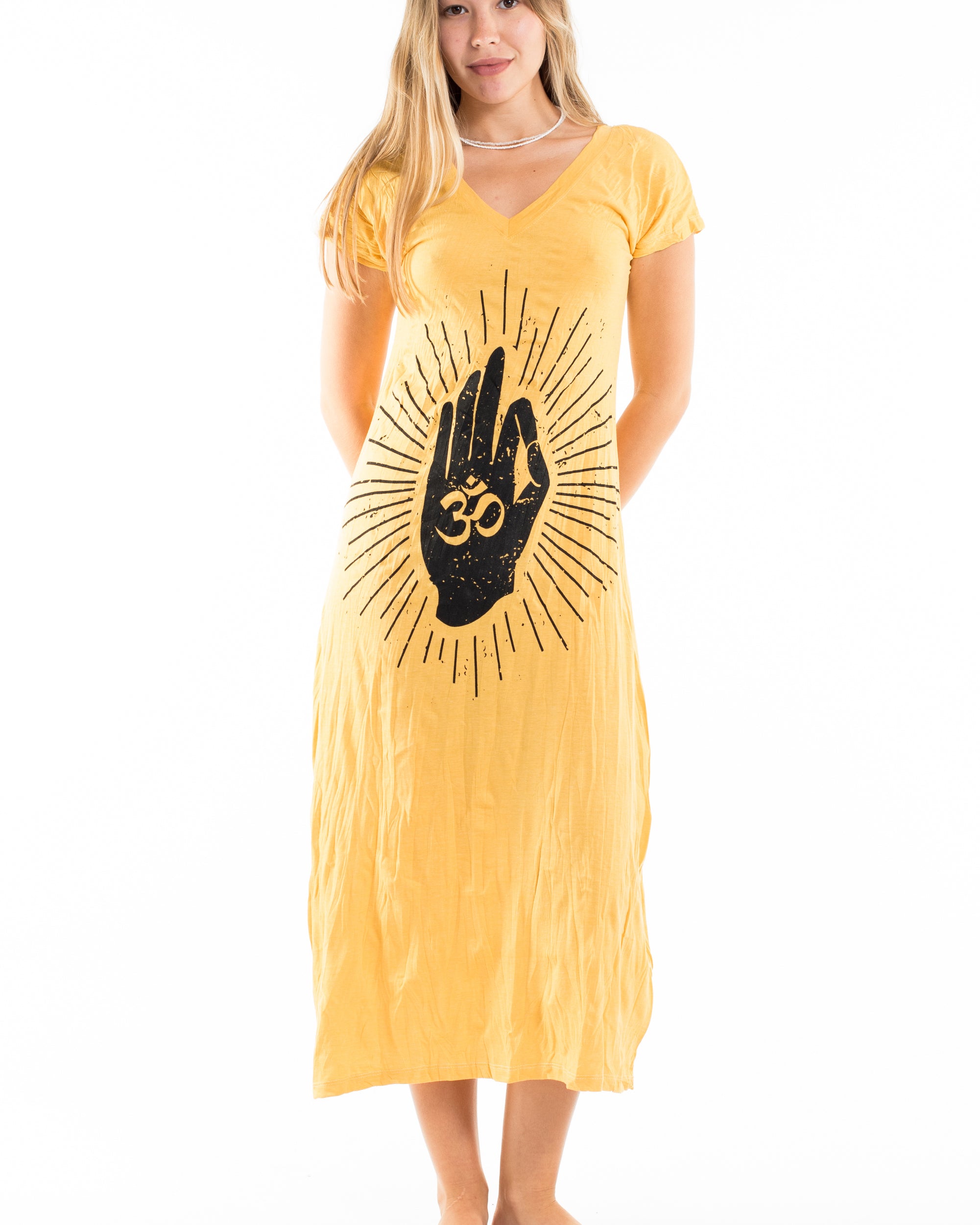 Sure Design Womens Hand of Om V Neck Tee Dress Yellow