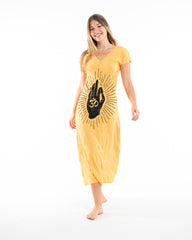 Sure Design Womens Hand of Om V Neck Tee Dress Yellow