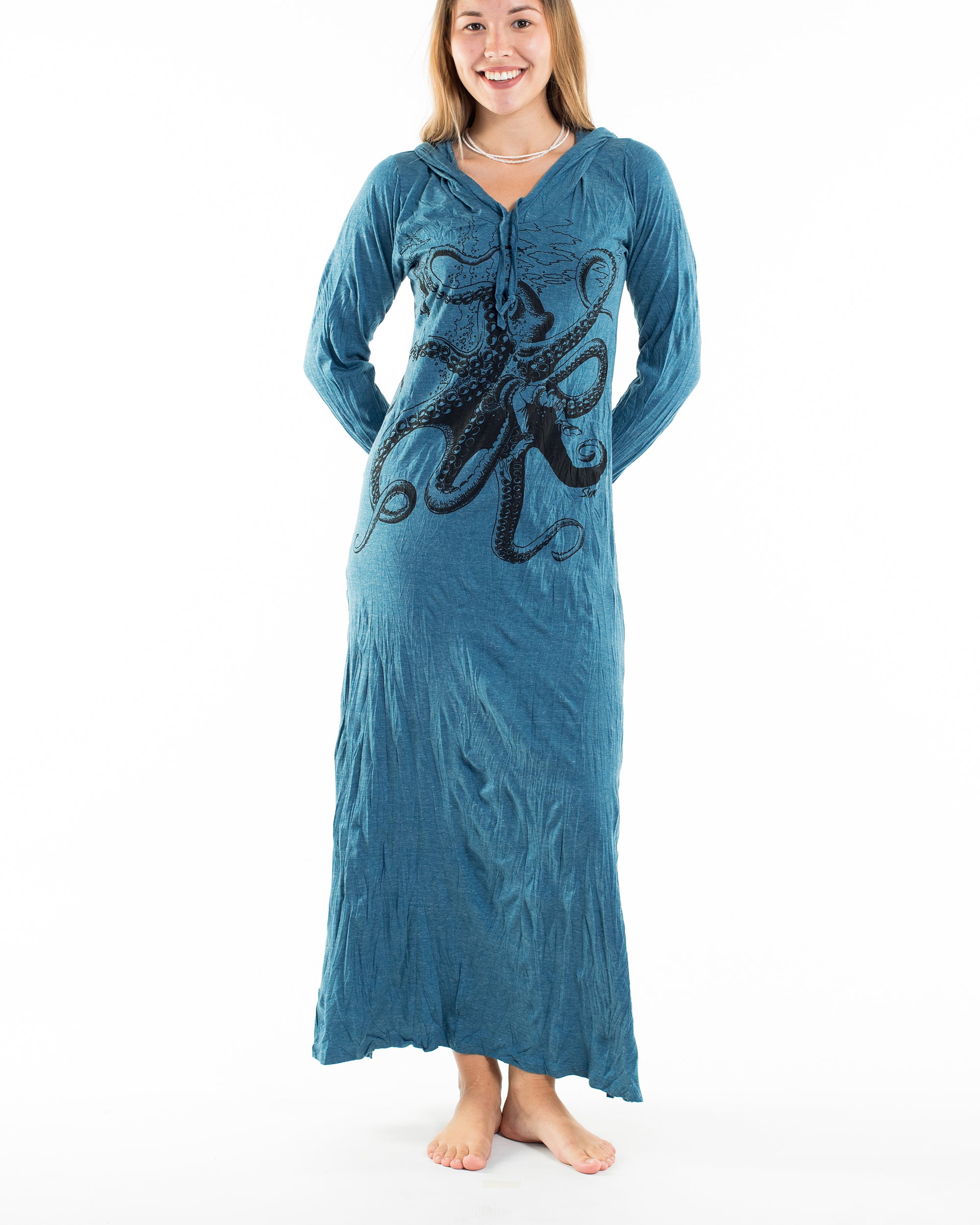 Sure Design Womens Octopus Long Sleeve Hoodie Dress Denim Blue