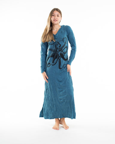 Sure Design Womens Octopus Long Sleeve Hoodie Dress Denim Blue