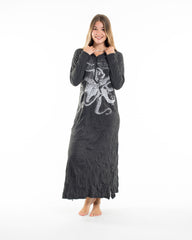 Sure Design Womens Octopus Long Sleeve Hoodie Dress Silver on Black