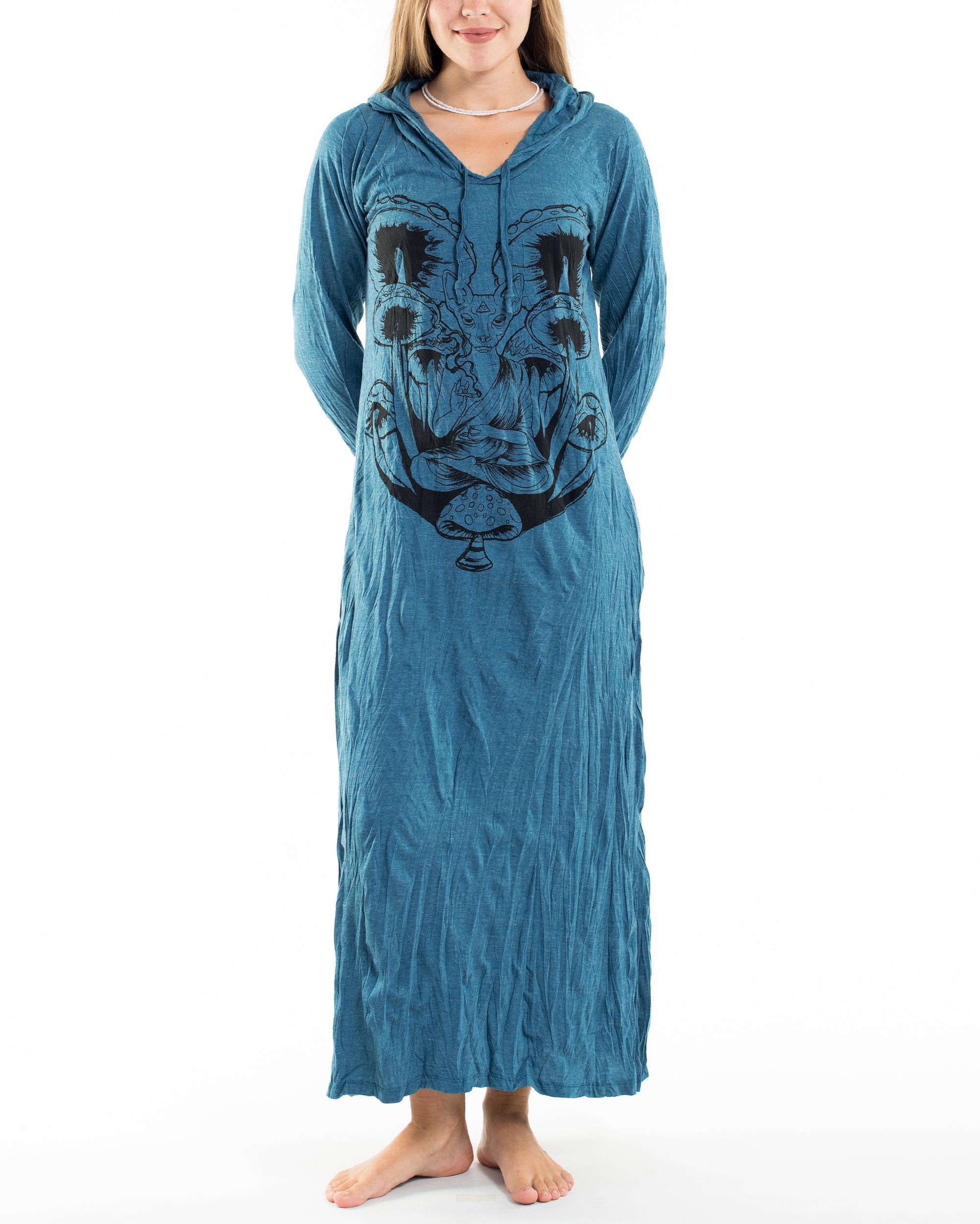 Sure Design Womens Spiritual Shroom Cat Long Sleeve Hoodie Dress Denim Blue