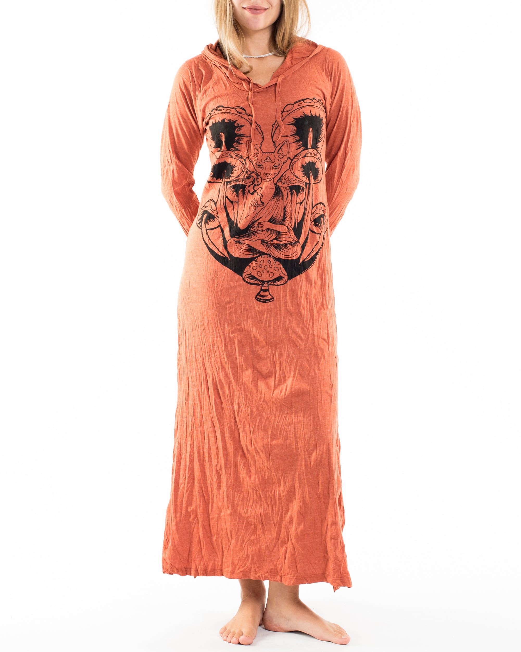 Sure Design Womens Spiritual Shroom Cat Long Sleeve Hoodie Dress Orange