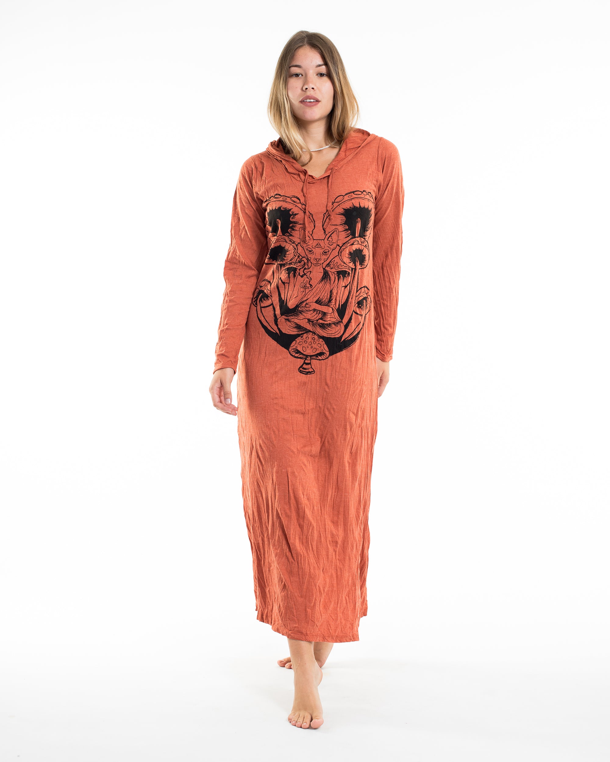 Sure Design Womens Spiritual Shroom Cat Long Sleeve Hoodie Dress Orange