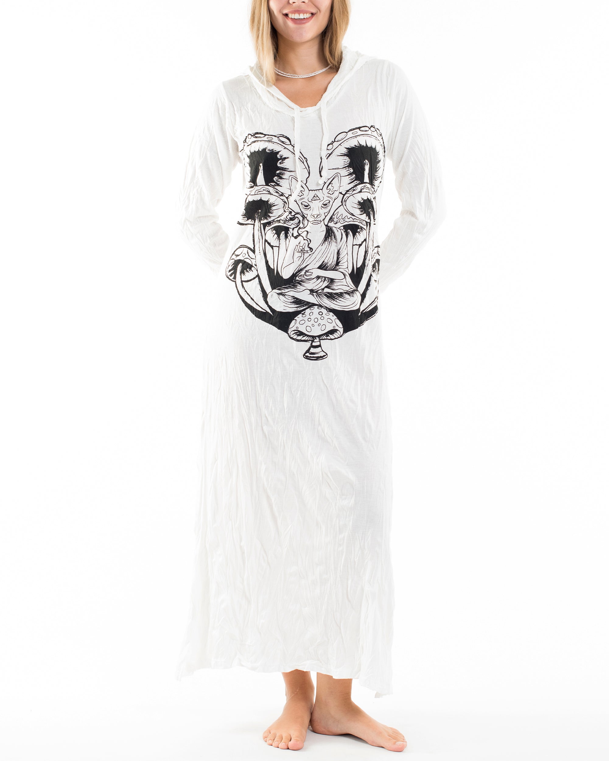 Sure Design Womens Spiritual Shroom Cat Long Sleeve Hoodie Dress White