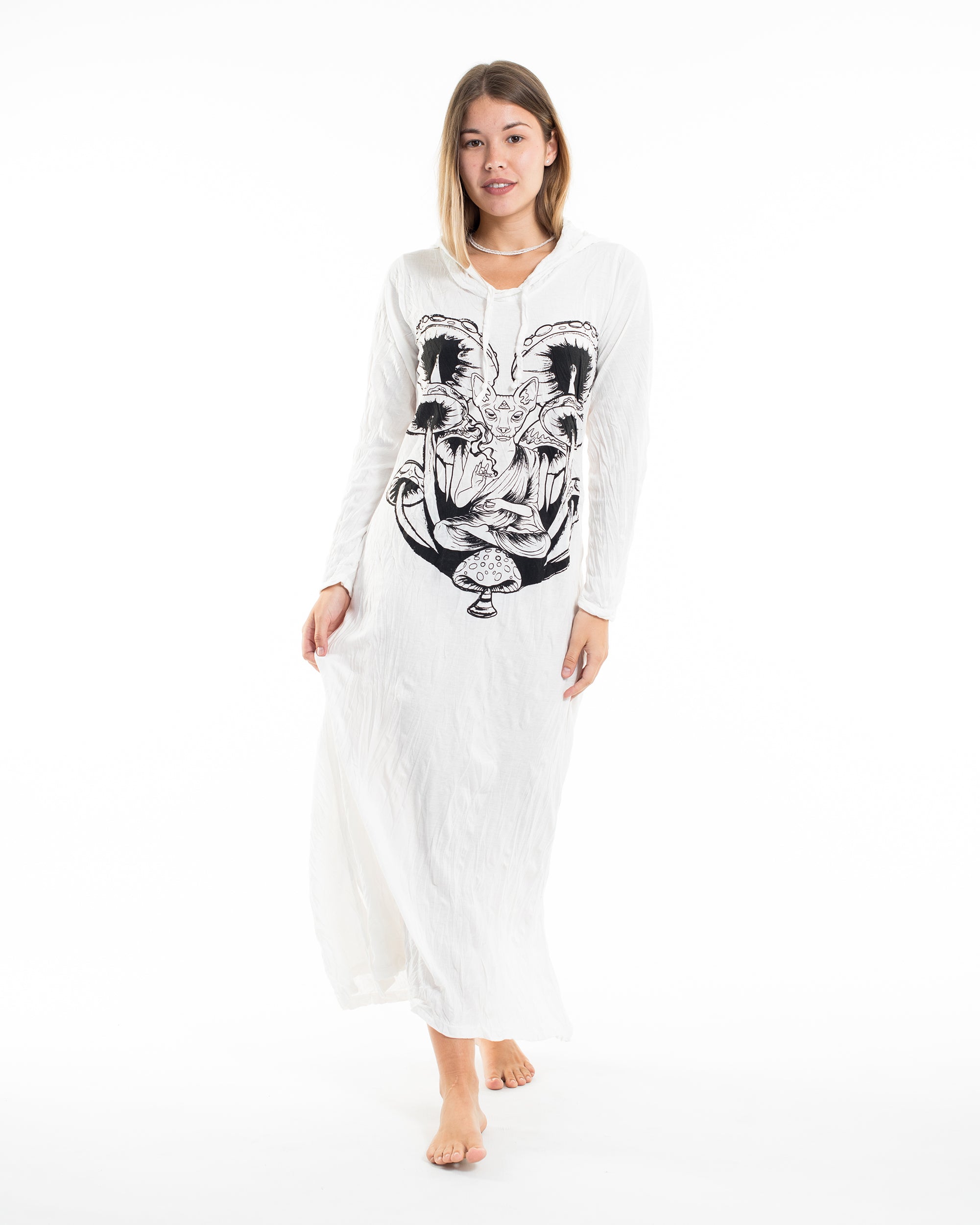 Sure Design Womens Spiritual Shroom Cat Long Sleeve Hoodie Dress White