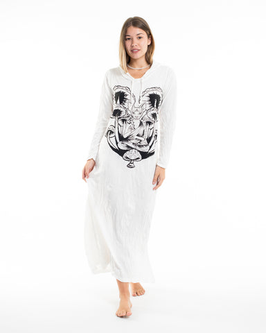 Sure Design Womens Spiritual Shroom Cat Long Sleeve Hoodie Dress White