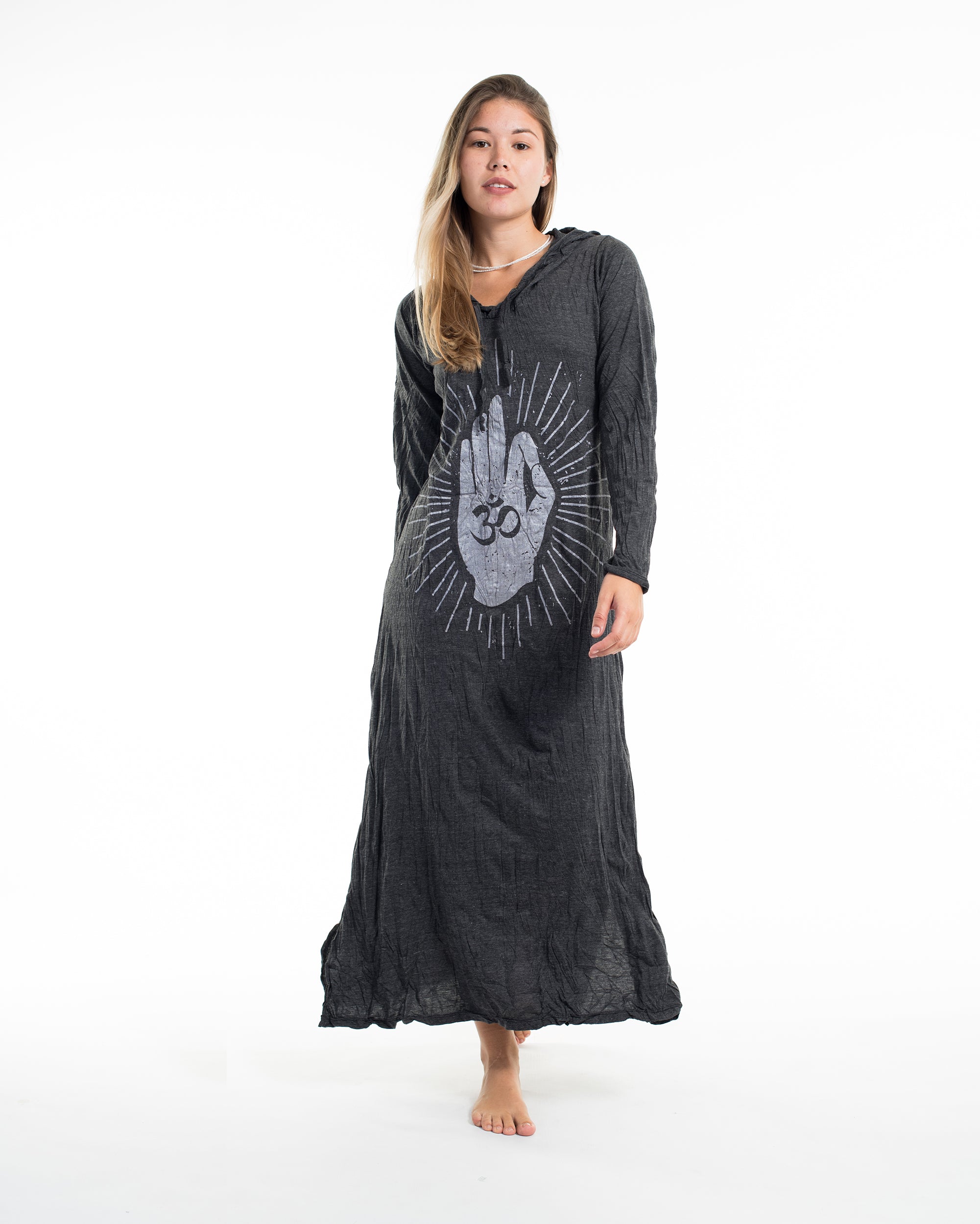 Sure Design Womens Hand of Om Long Sleeve Hoodie Dress Silver on Black