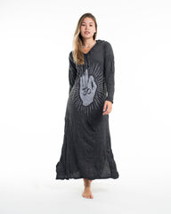Sure Design Womens Hand of Om Long Sleeve Hoodie Dress Silver on Black