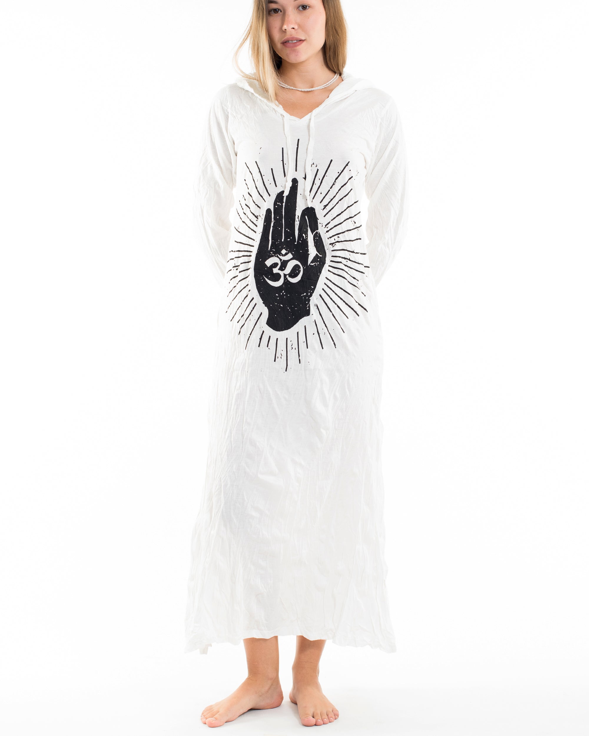 Sure Design Womens Hand of Om Long Sleeve Hoodie Dress White