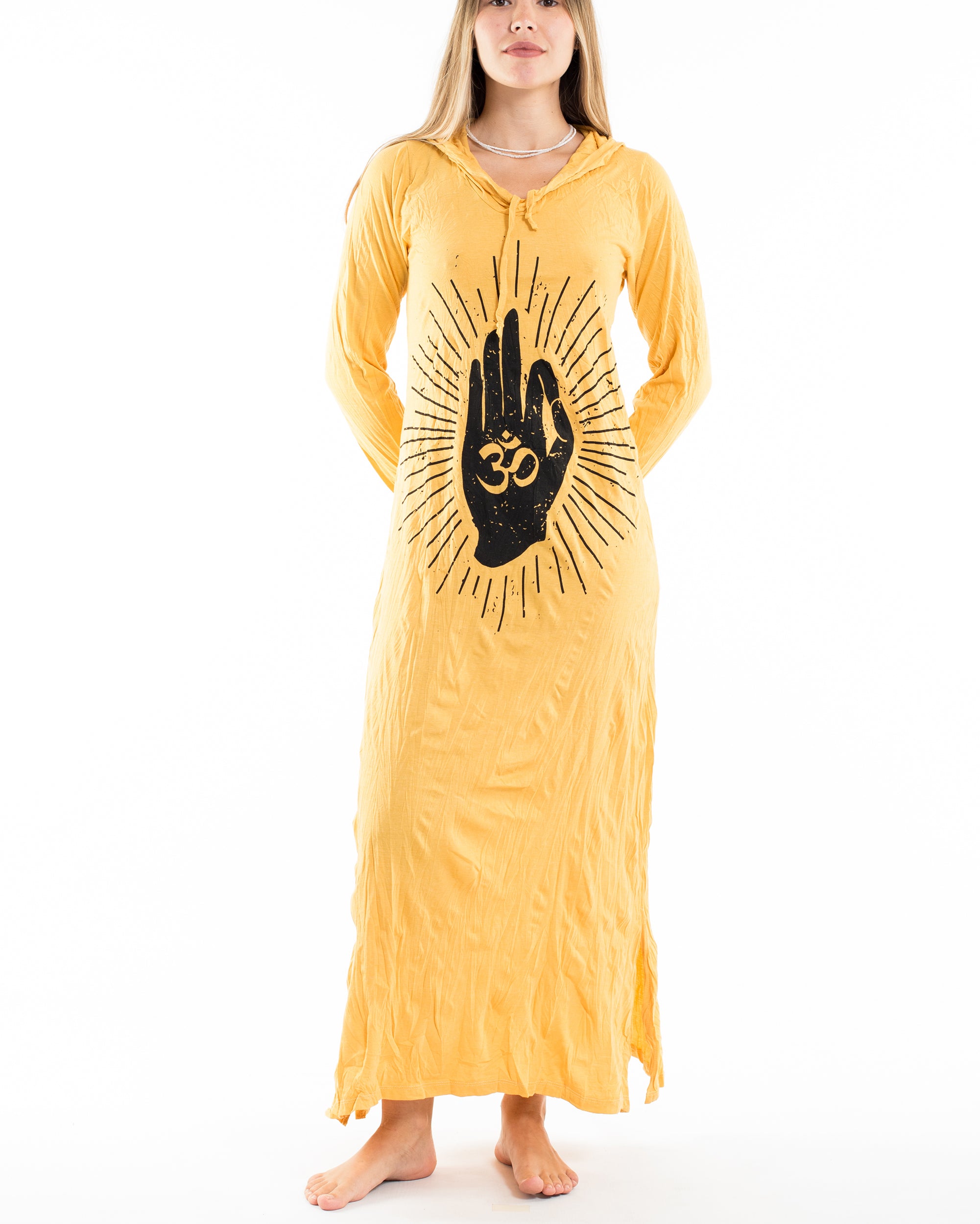 Sure Design Womens Hand of Om Long Sleeve Hoodie Dress Yellow