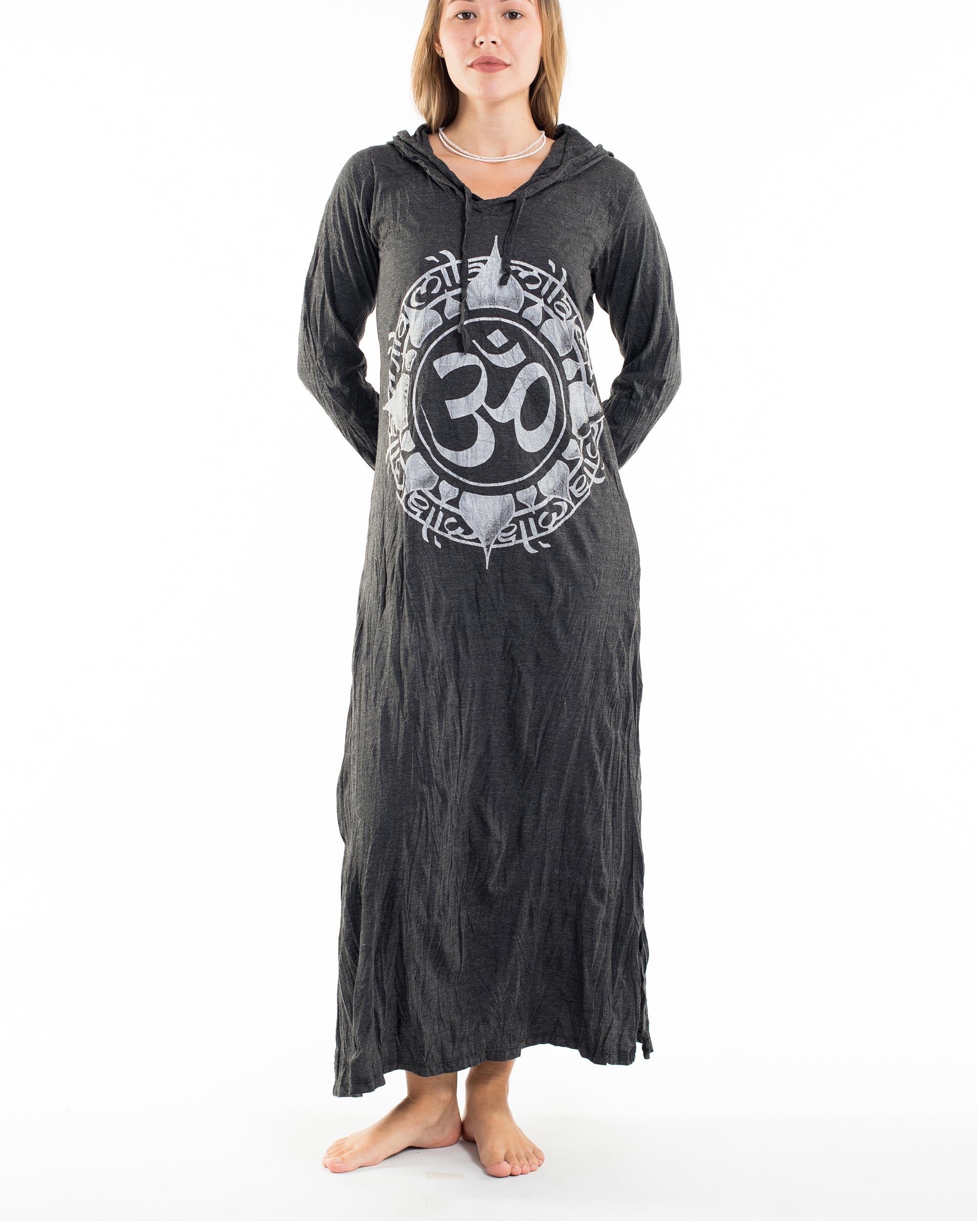 Sure Design Womens Infinitee Om Long Sleeve Hoodie Dress Silver on Black
