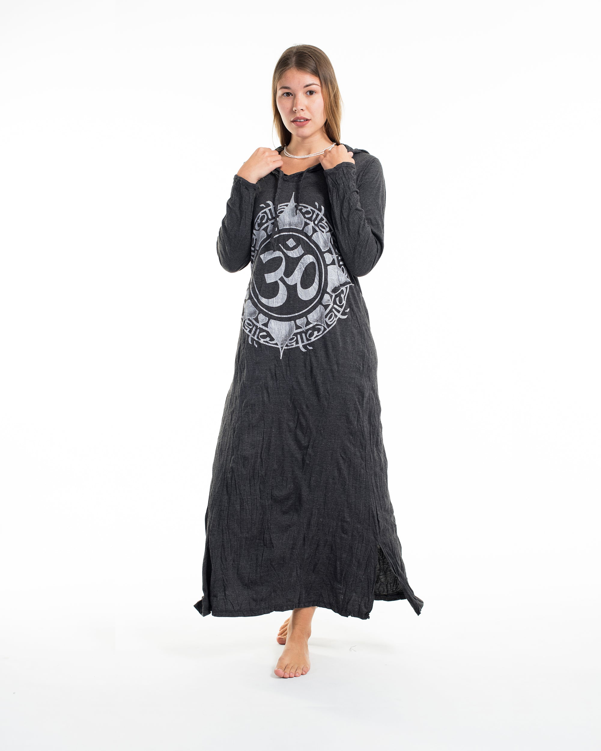 Sure Design Womens Infinitee Om Long Sleeve Hoodie Dress Silver on Black