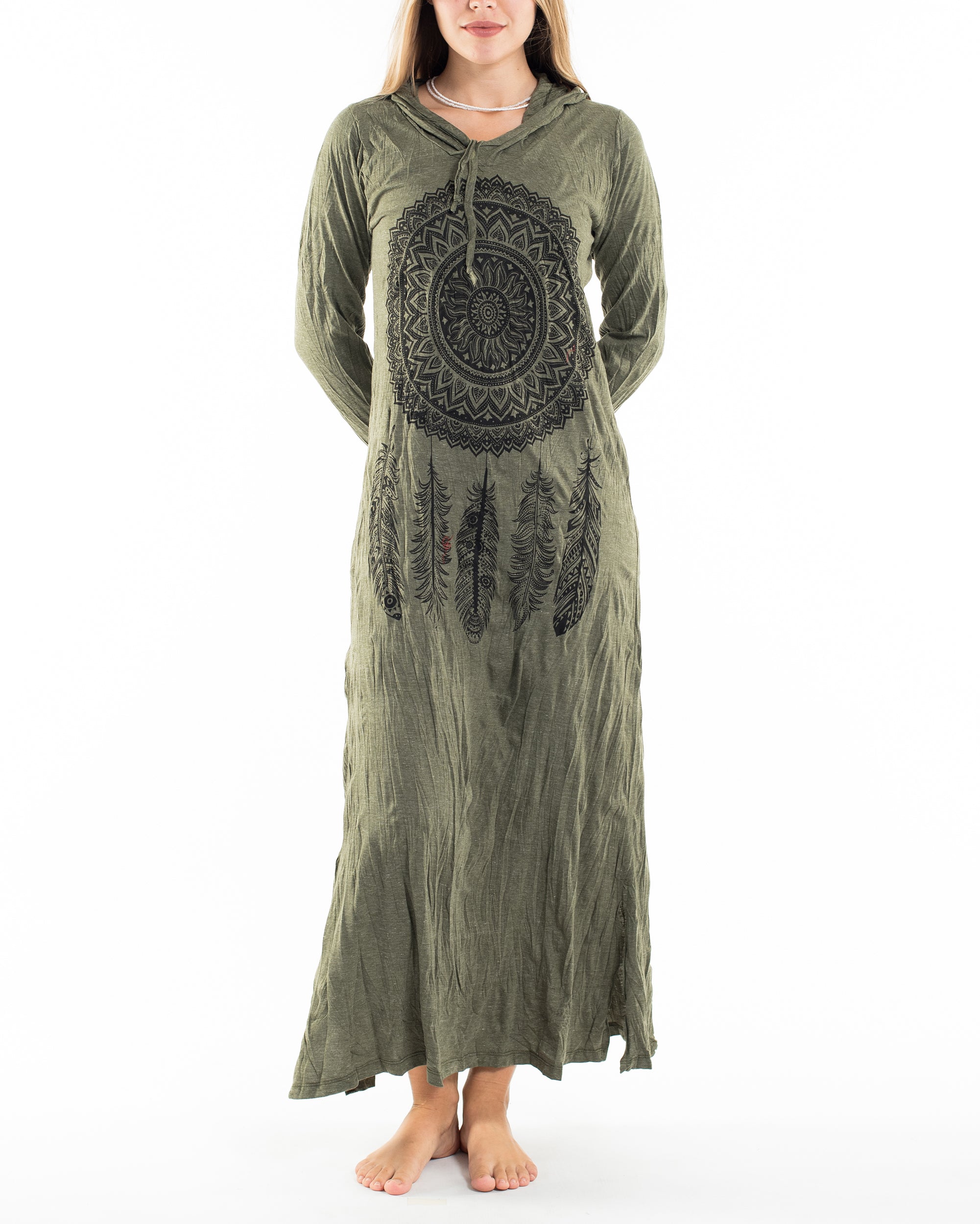 Sure Design Womens Dreamcatcher Long Sleeve Hoodie Dress Green