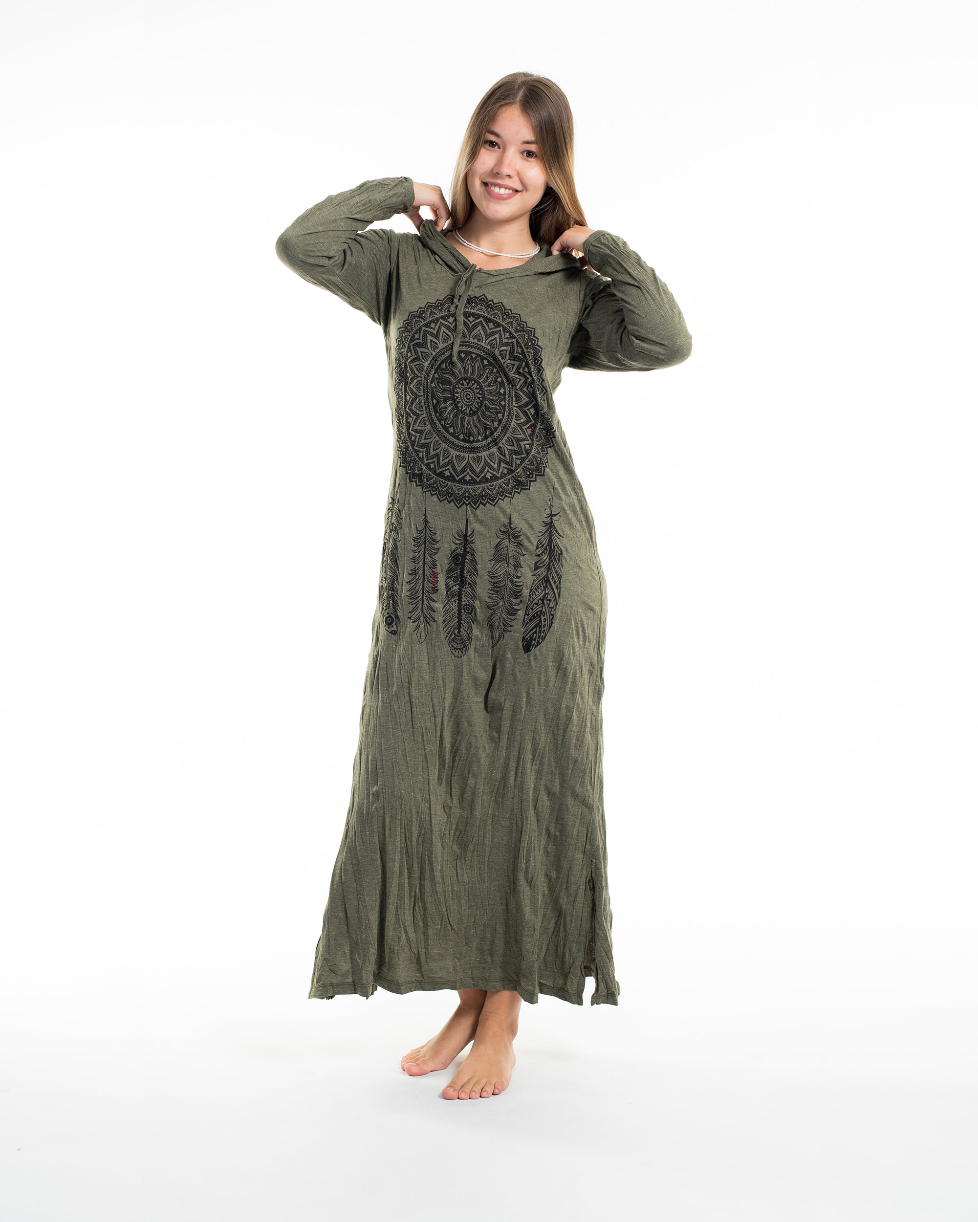 Sure Design Womens Dreamcatcher Long Sleeve Hoodie Dress Green