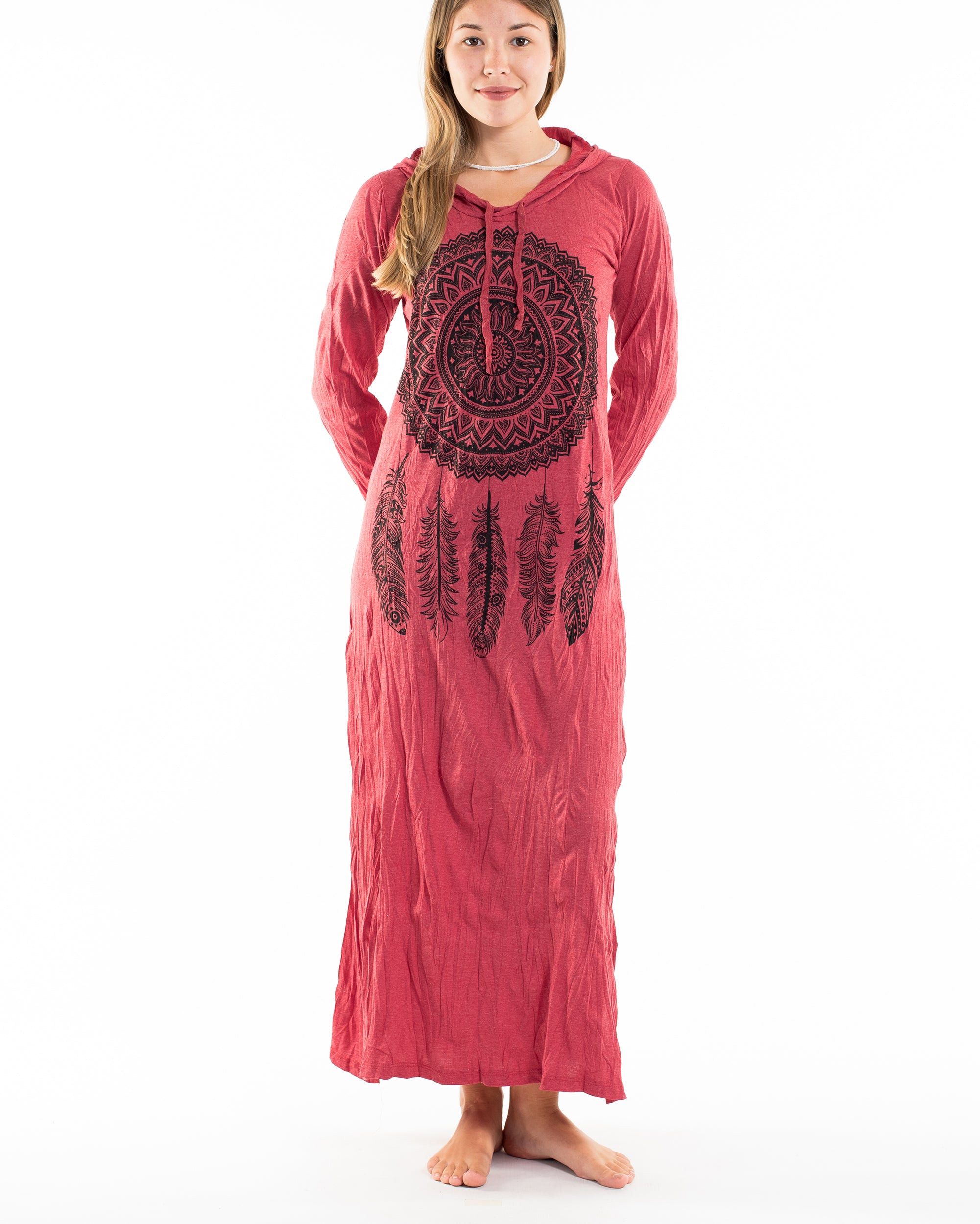 Sure Design Womens Dreamcatcher Long Sleeve Hoodie Dress Red