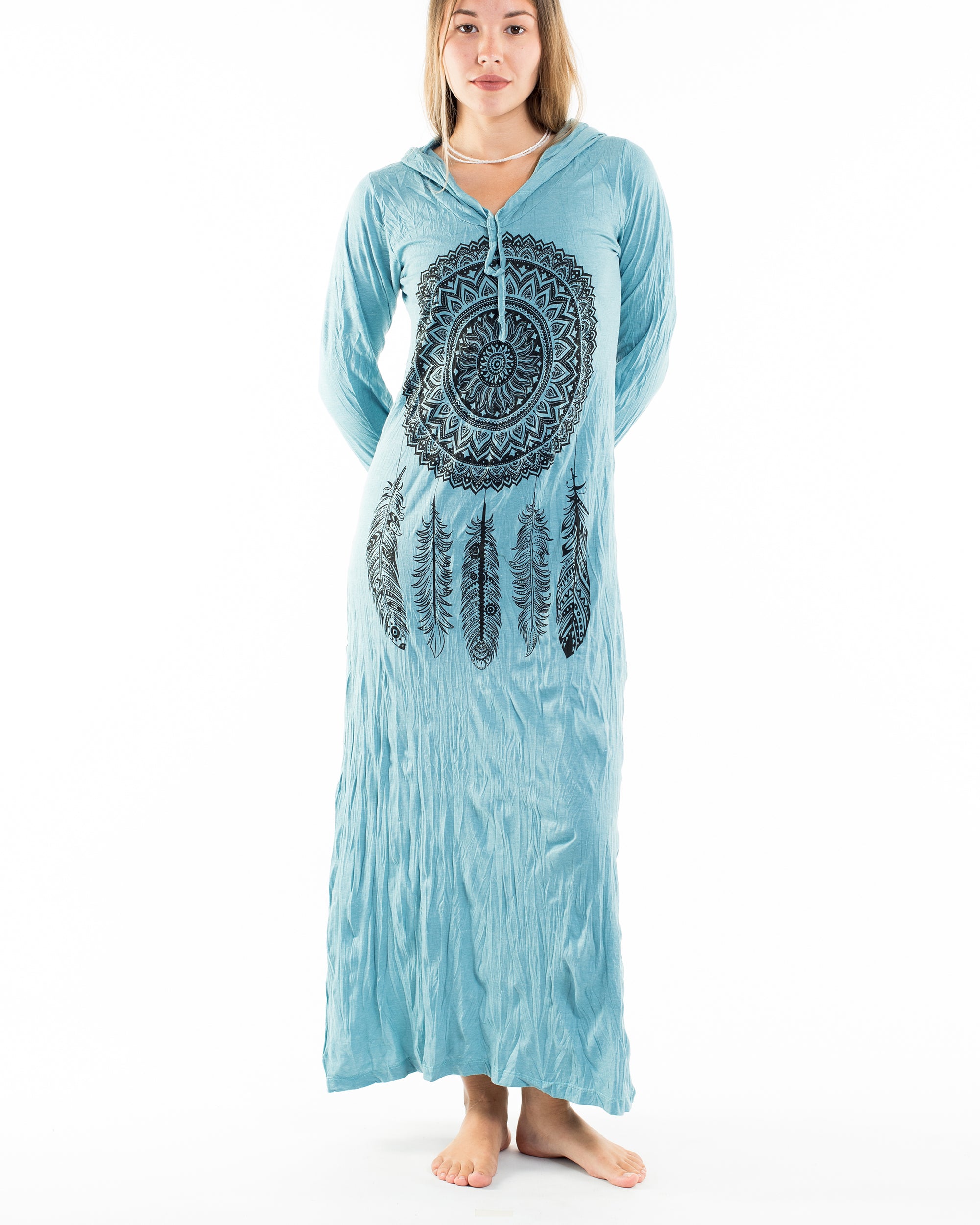 Sure Design Womens Dreamcatcher Long Sleeve Hoodie Dress Turquoise