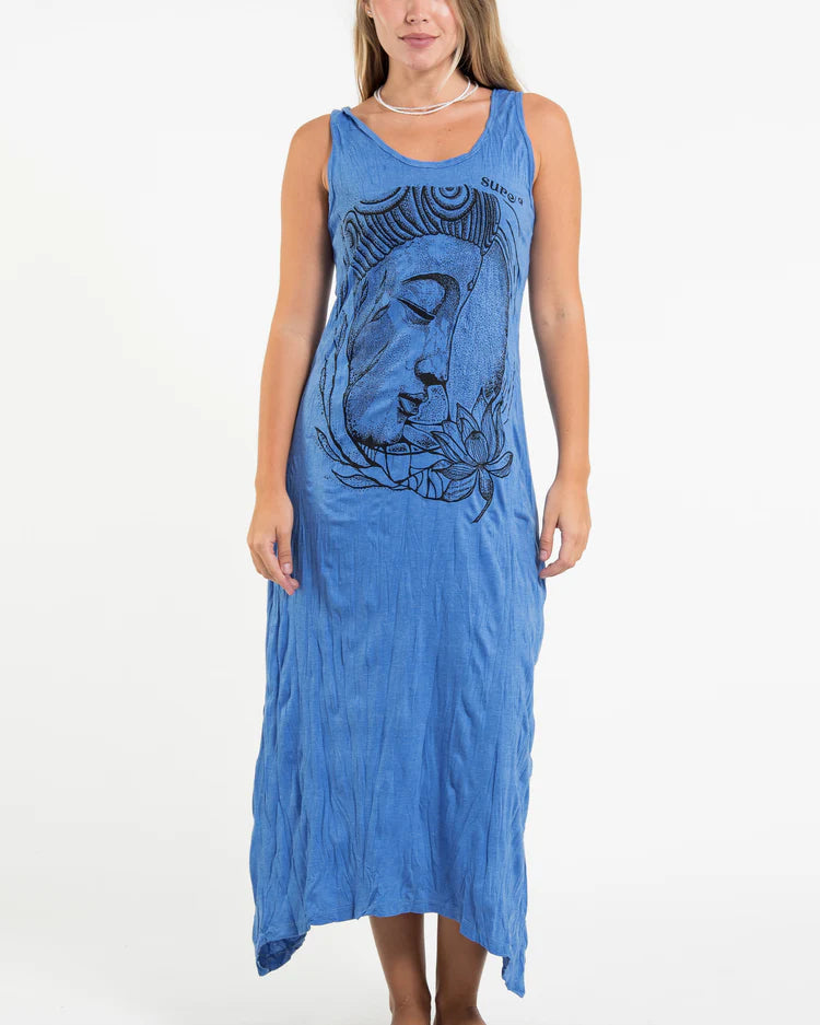 Sure Design Womens Lotus Buddha Long Tank Dress in Blue