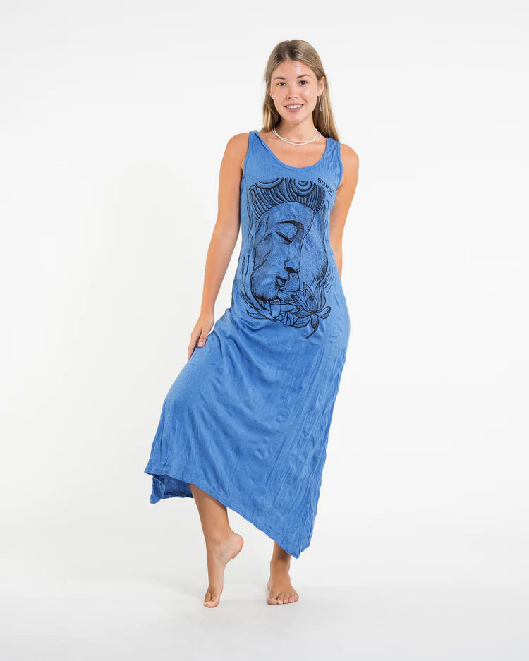 Sure Design Womens Lotus Buddha Long Tank Dress in Blue