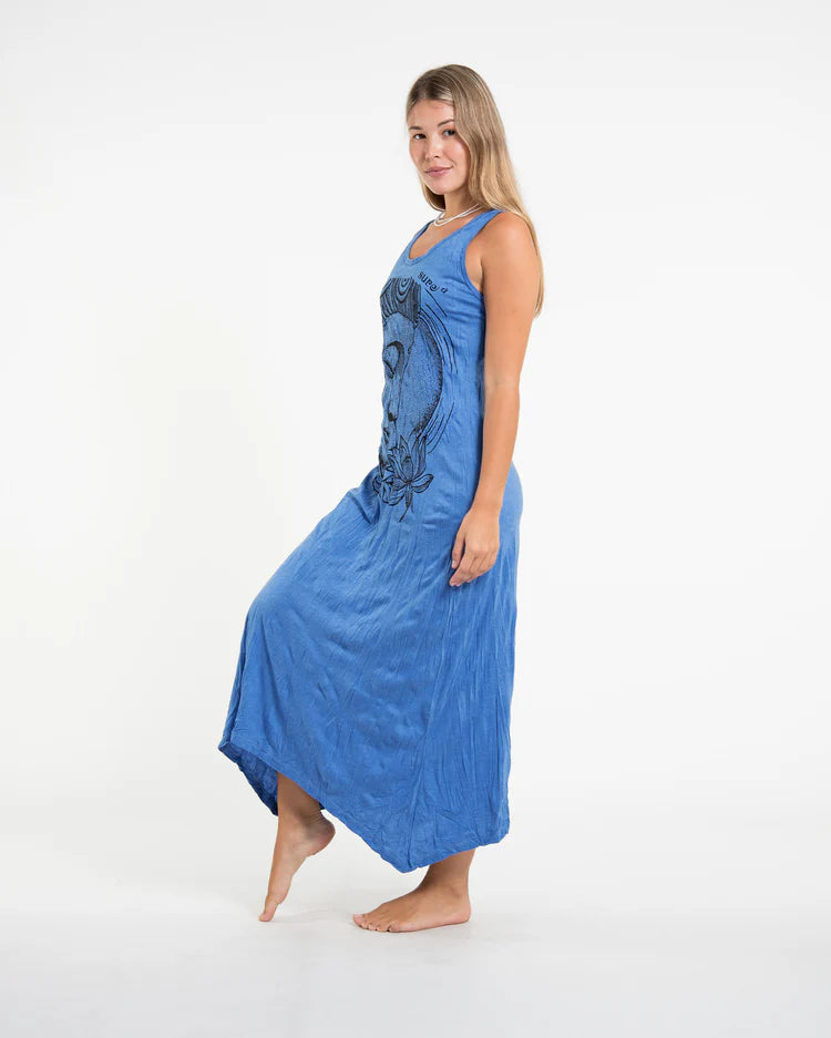 Sure Design Womens Lotus Buddha Long Tank Dress in Blue