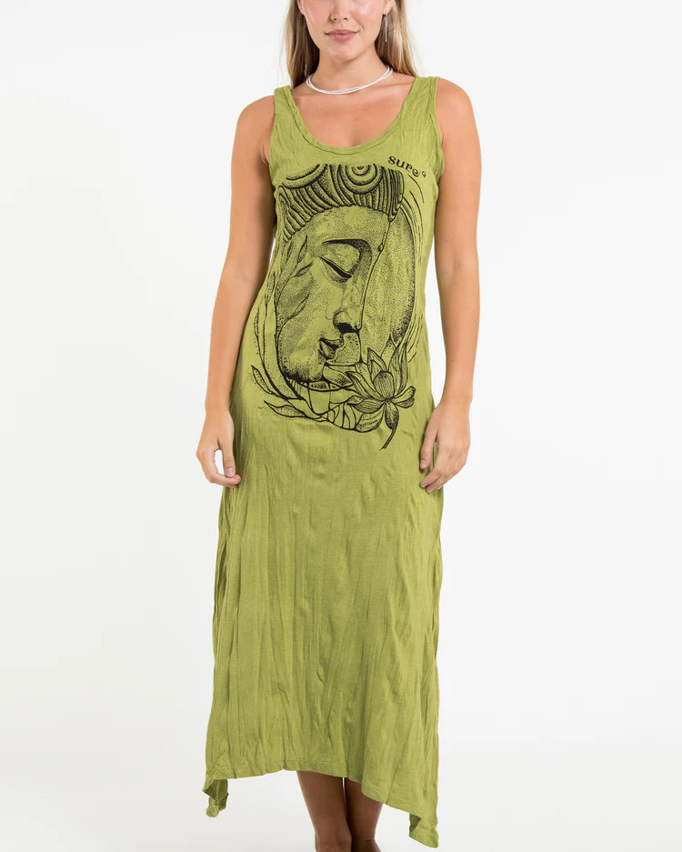 Sure Design Womens Lotus Buddha Long Tank Dress in Lime
