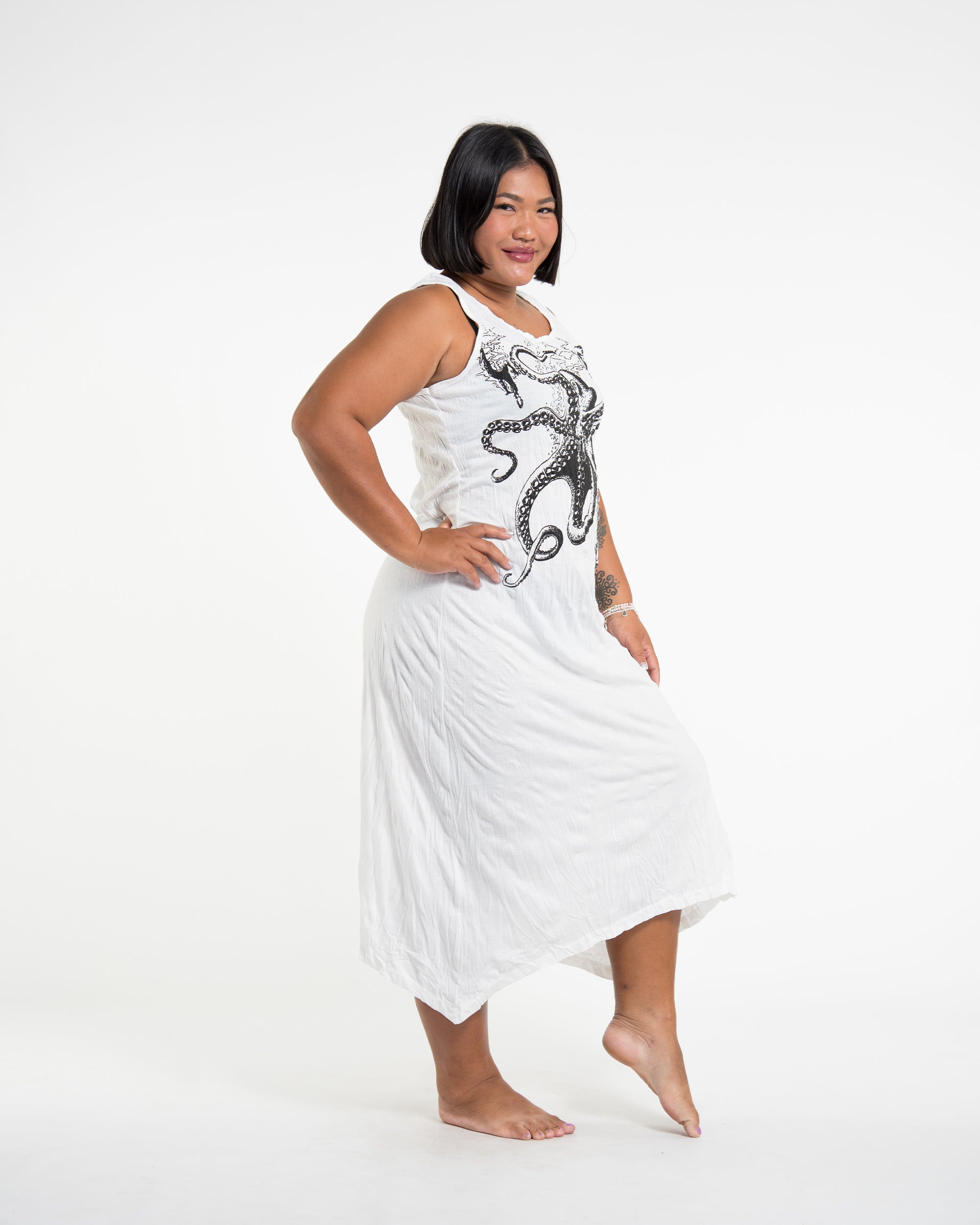 Sure Design Womens Octopus Scoop Neck Tank Dress White L/XL