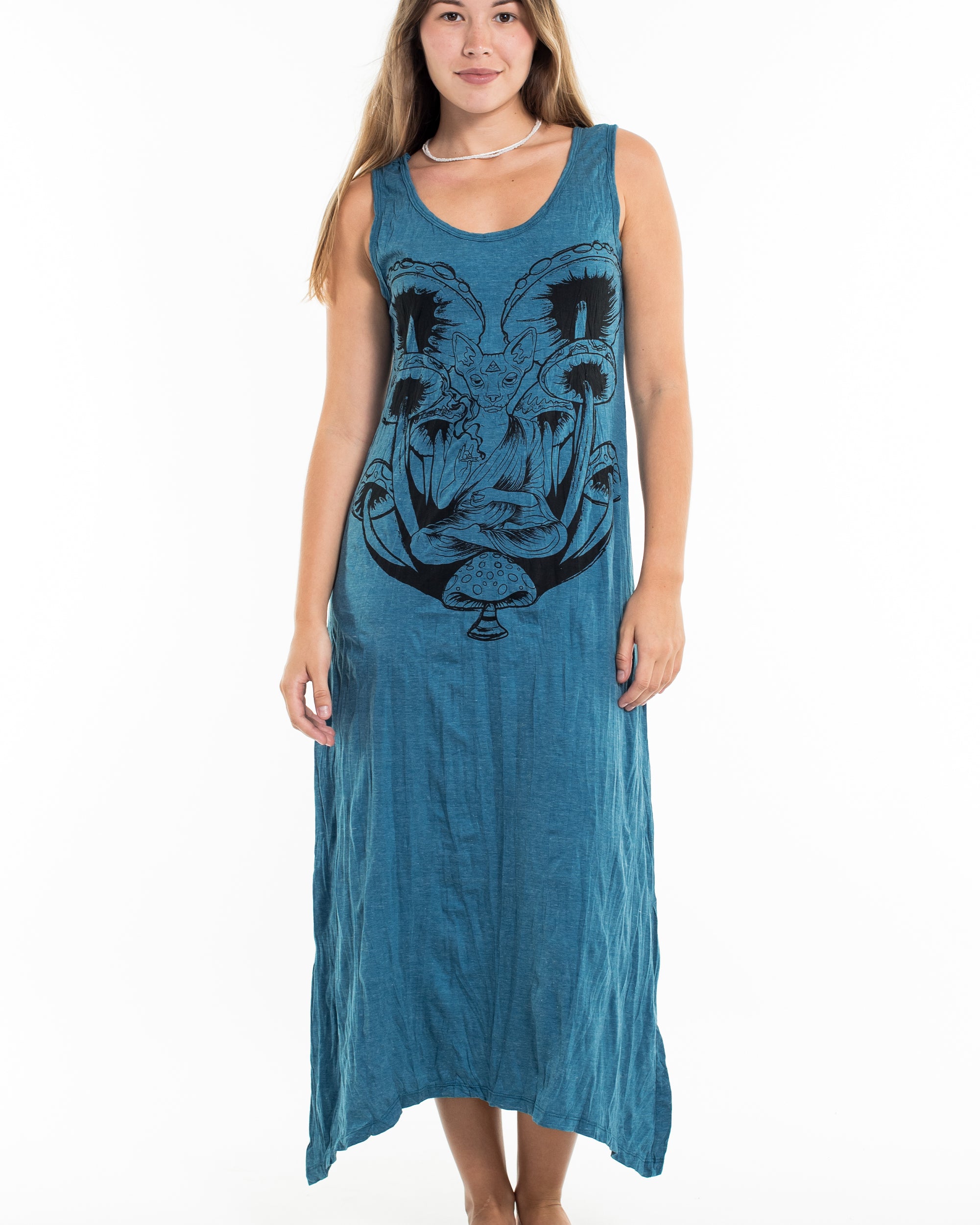 Sure Design Womens Spirit Shroom Cat Long Tank Dress in Denim Blue