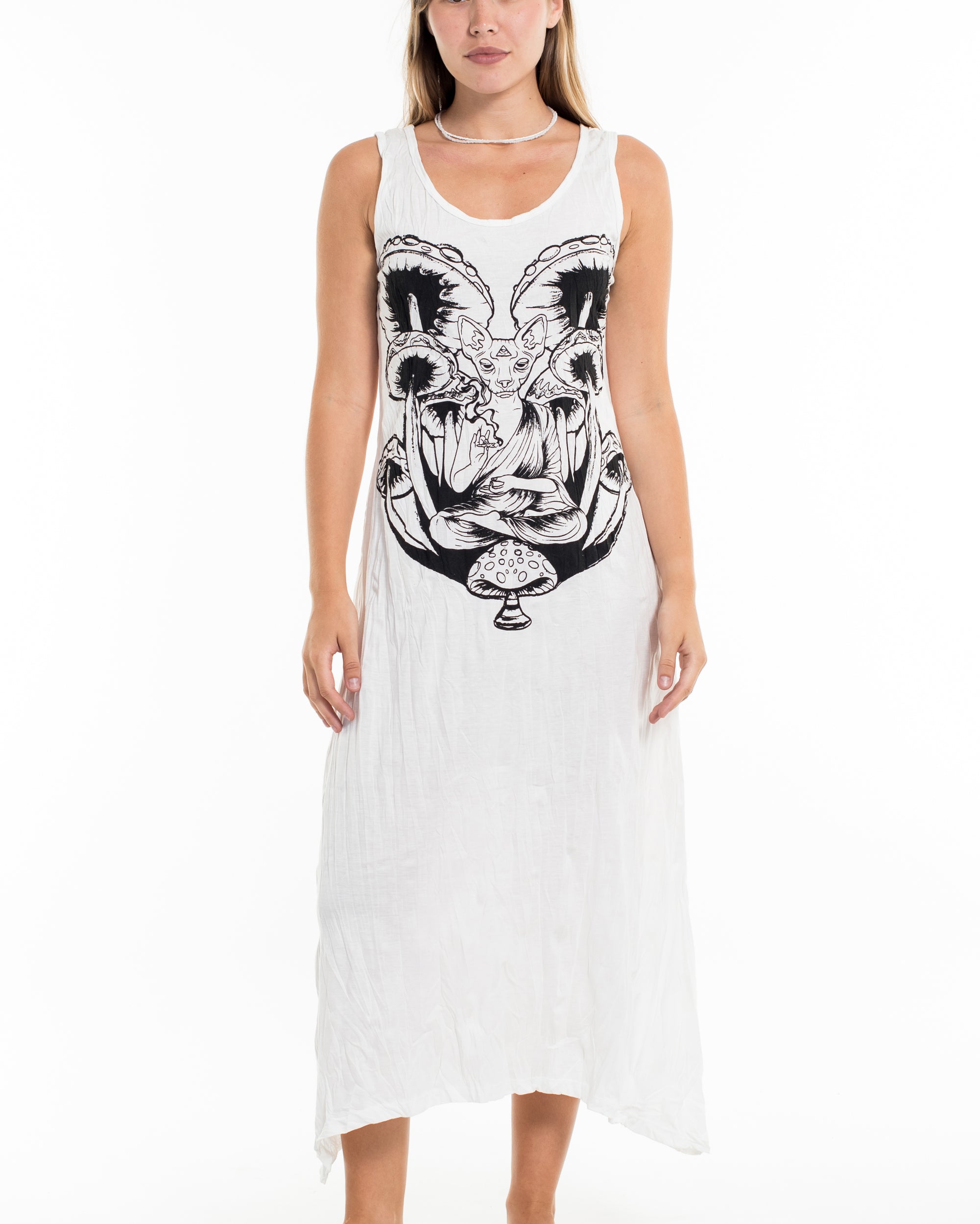 Sure Design Womens Spirit Shroom Cat Long Tank Dress in White