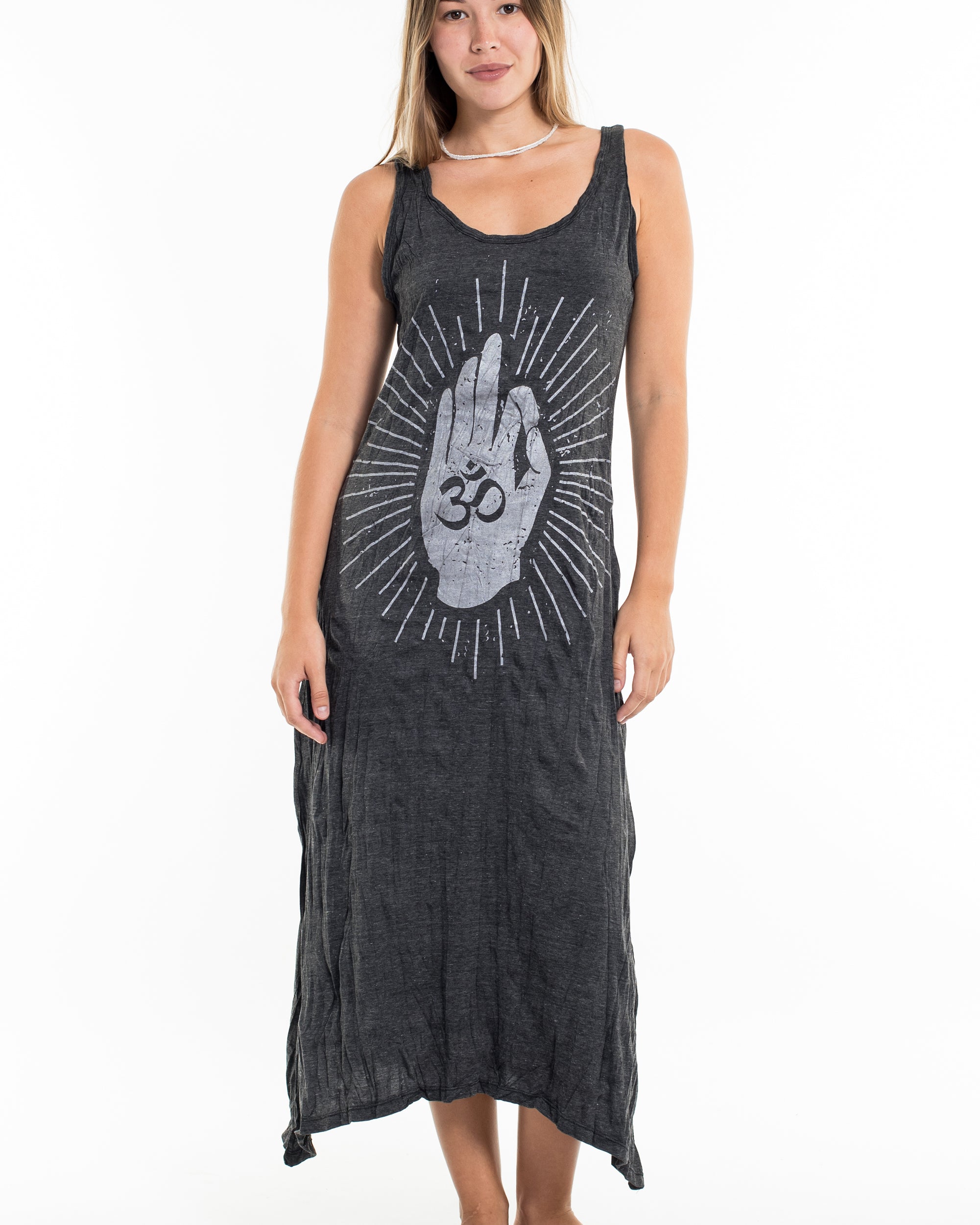 Sure Design Womens Hand of Om Long Tank Dress in Silver on Black