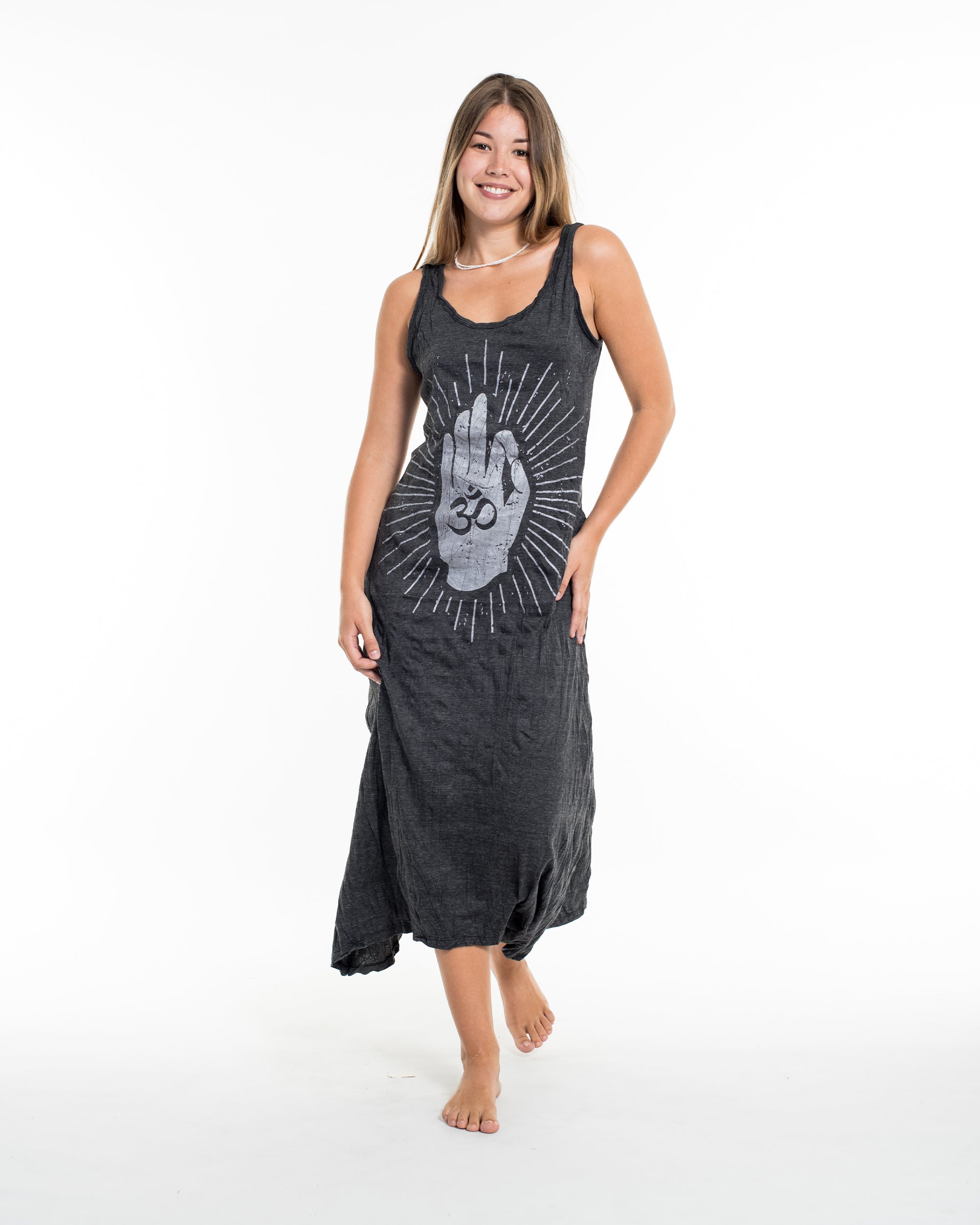 Sure Design Womens Hand of Om Long Tank Dress in Silver on Black