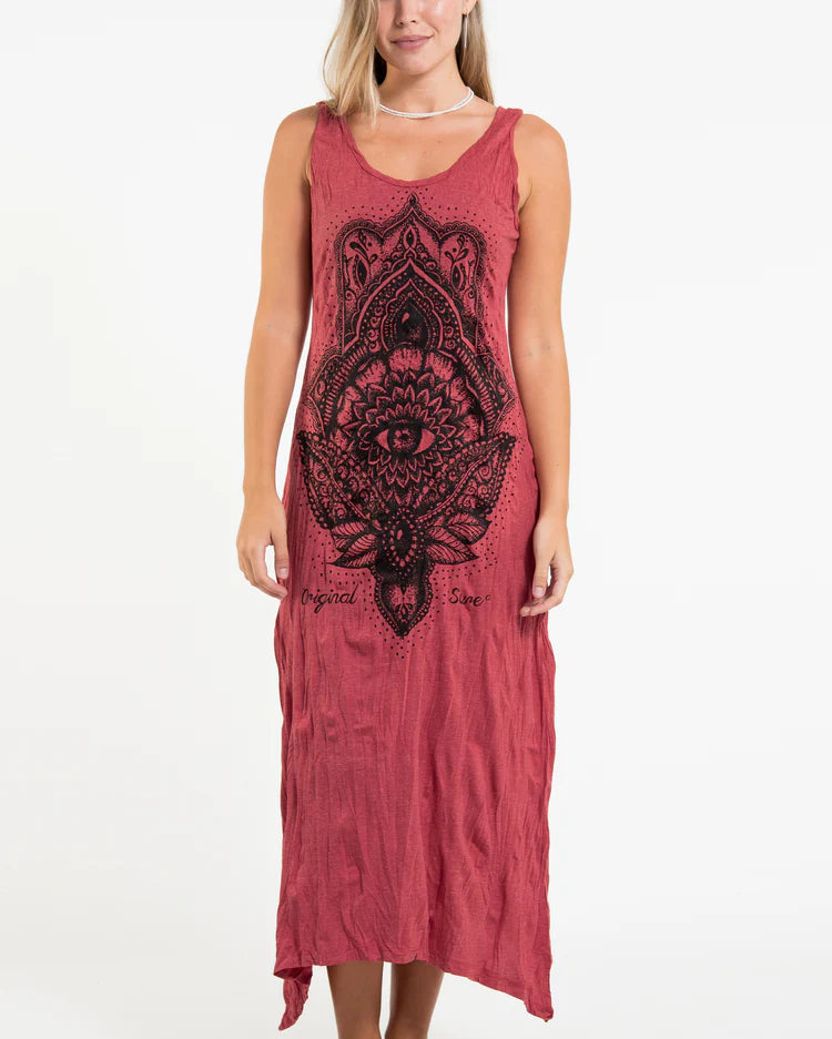 Sure Design Womens Hamsa Lotus Long Tank Dress in Red