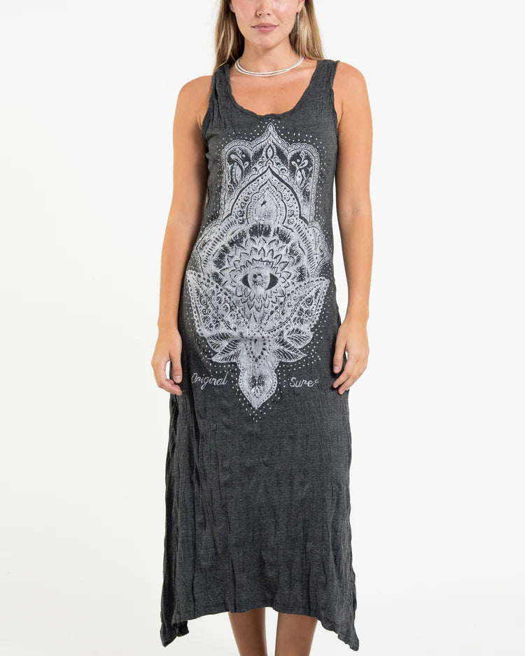 Sure Design Womens Hamsa Lotus Long Tank Dress in Silver on Black