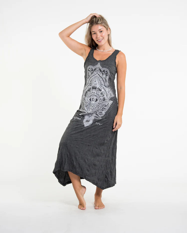 Sure Design Womens Hamsa Lotus Long Tank Dress in Silver on Black