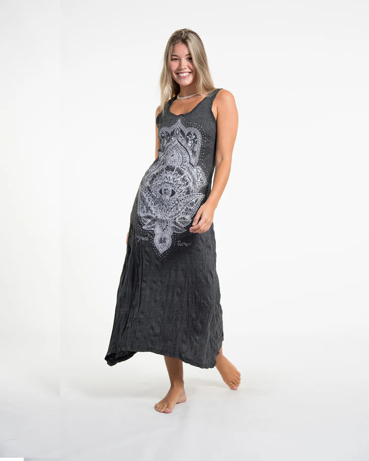 Sure Design Womens Hamsa Lotus Long Tank Dress in Silver on Black