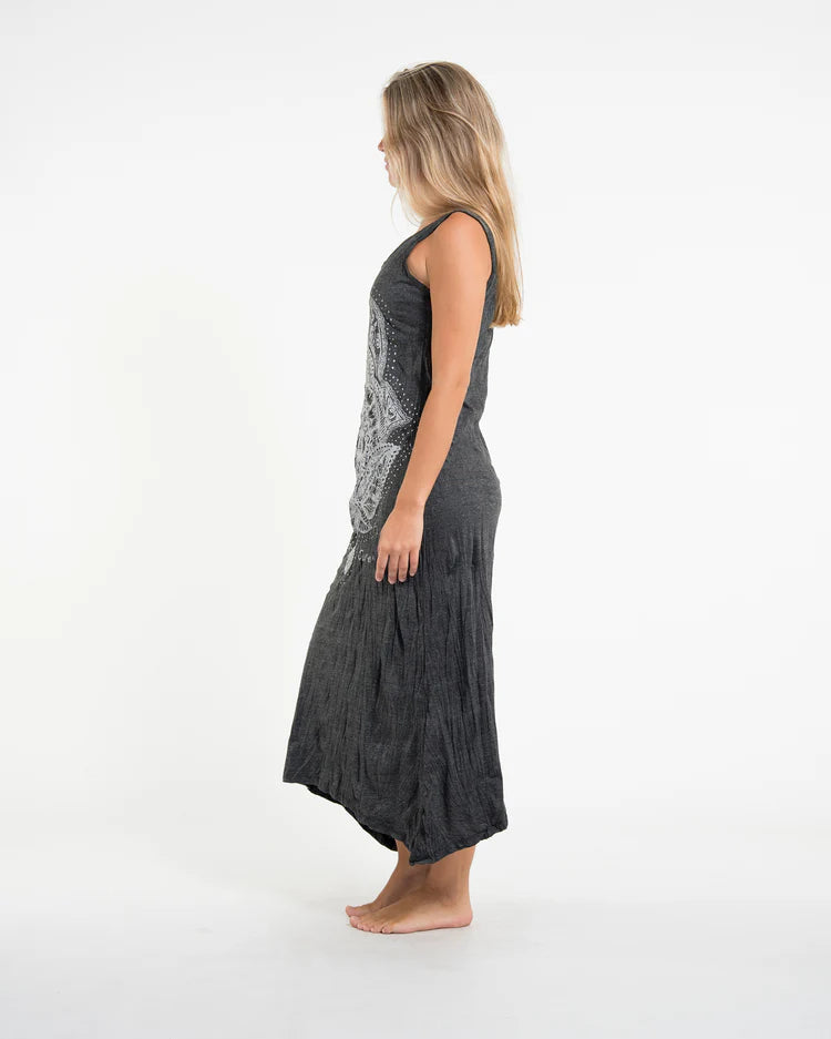Sure Design Womens Hamsa Lotus Long Tank Dress in Silver on Black